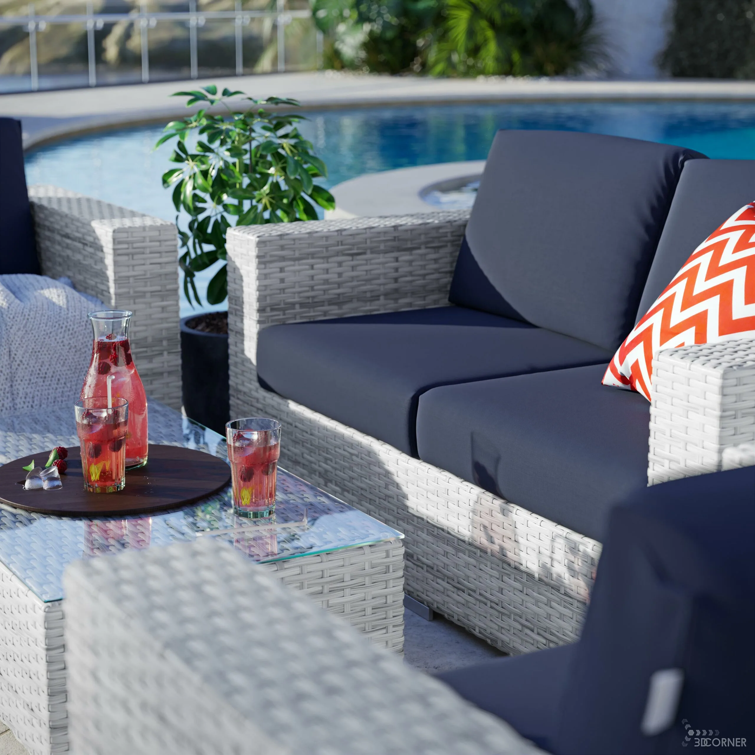 cgi visualization 3d rendering archviz patio contemporary outdoor furniture rattan 3d corner