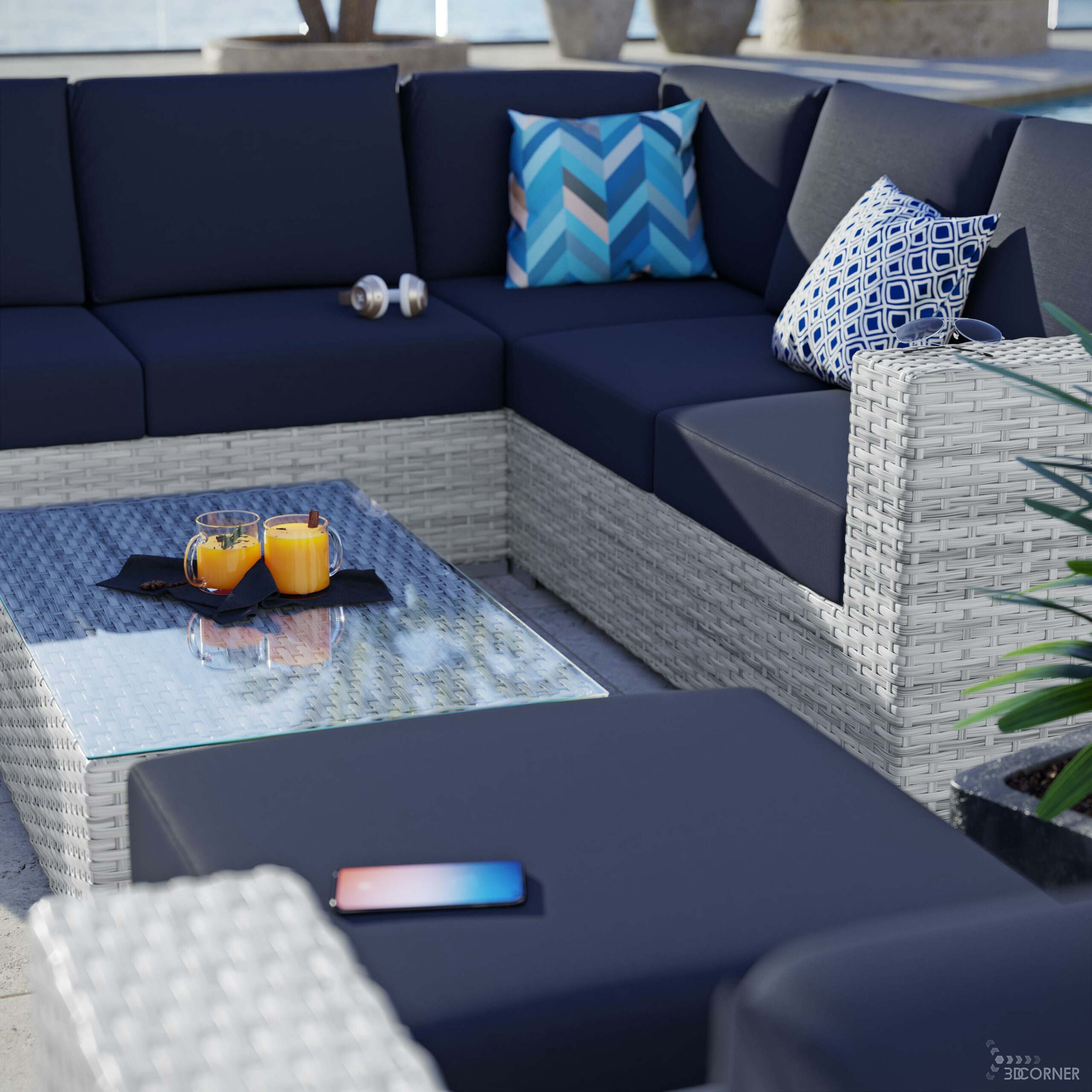 cgi visualization 3d rendering archviz patio contemporary outdoor furniture rattan 3d corner