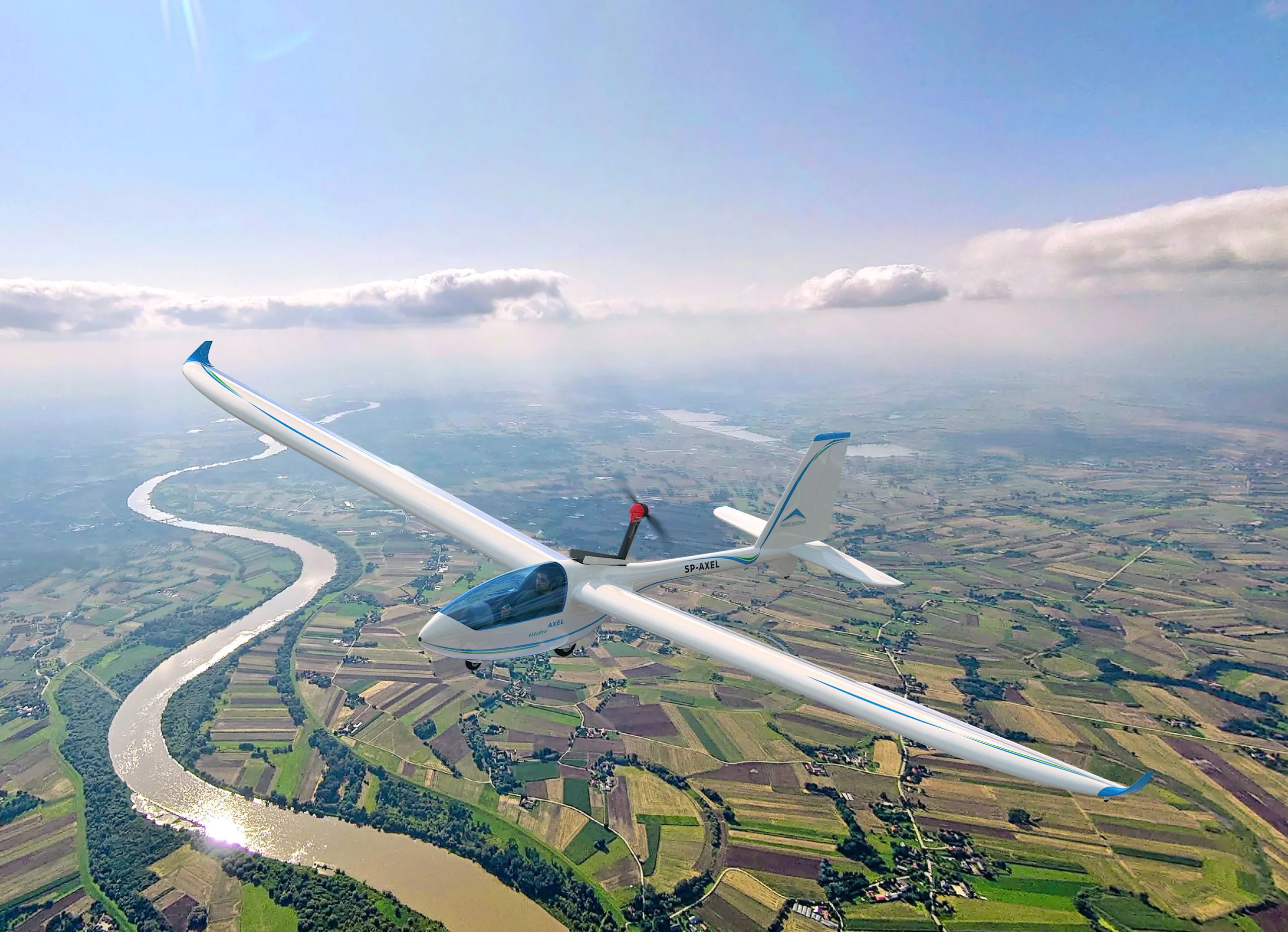 3D rendering visualization of the AXEL Glider sailing with an electric engine.
