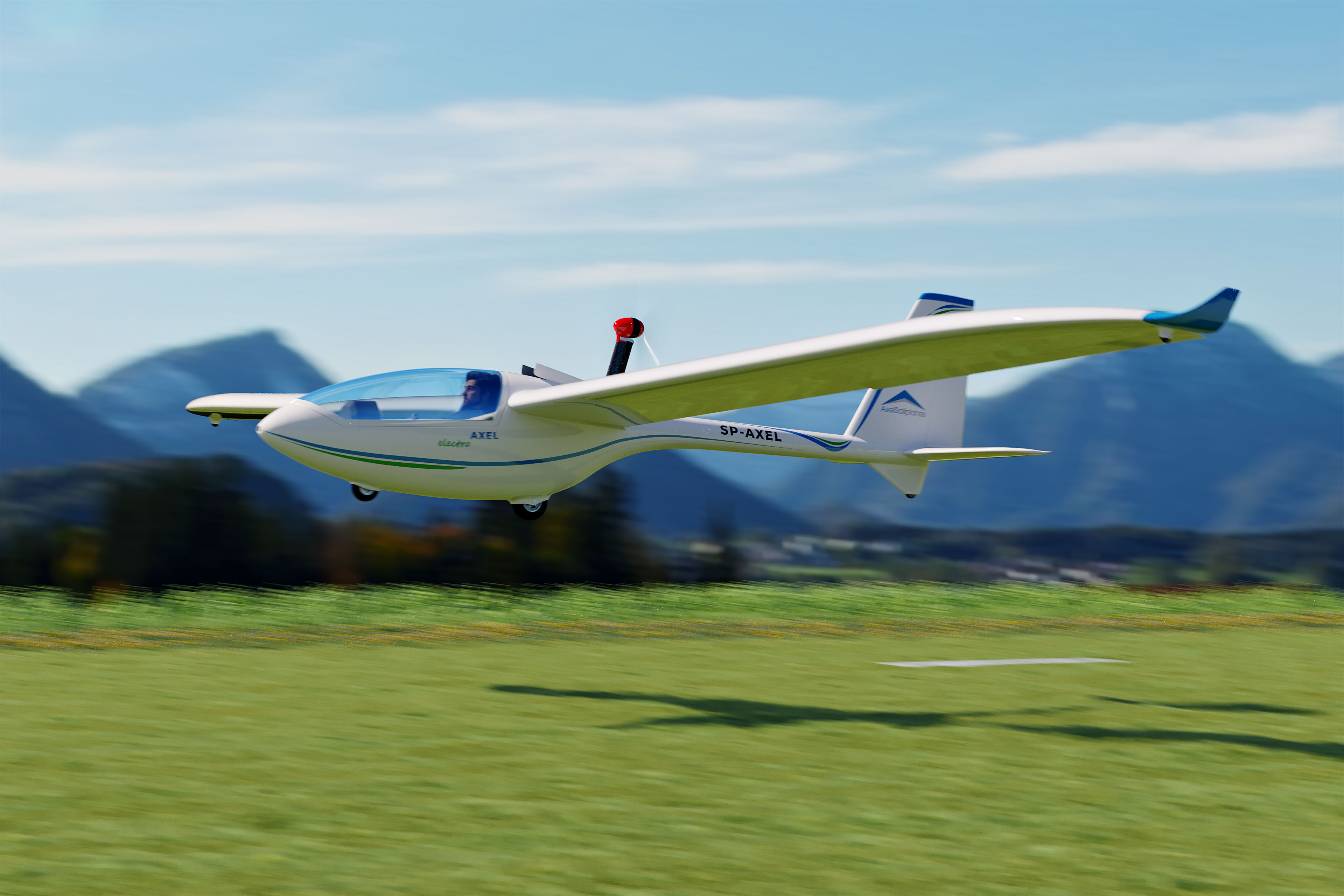 3D rendering visualization of the taking off Axel glider