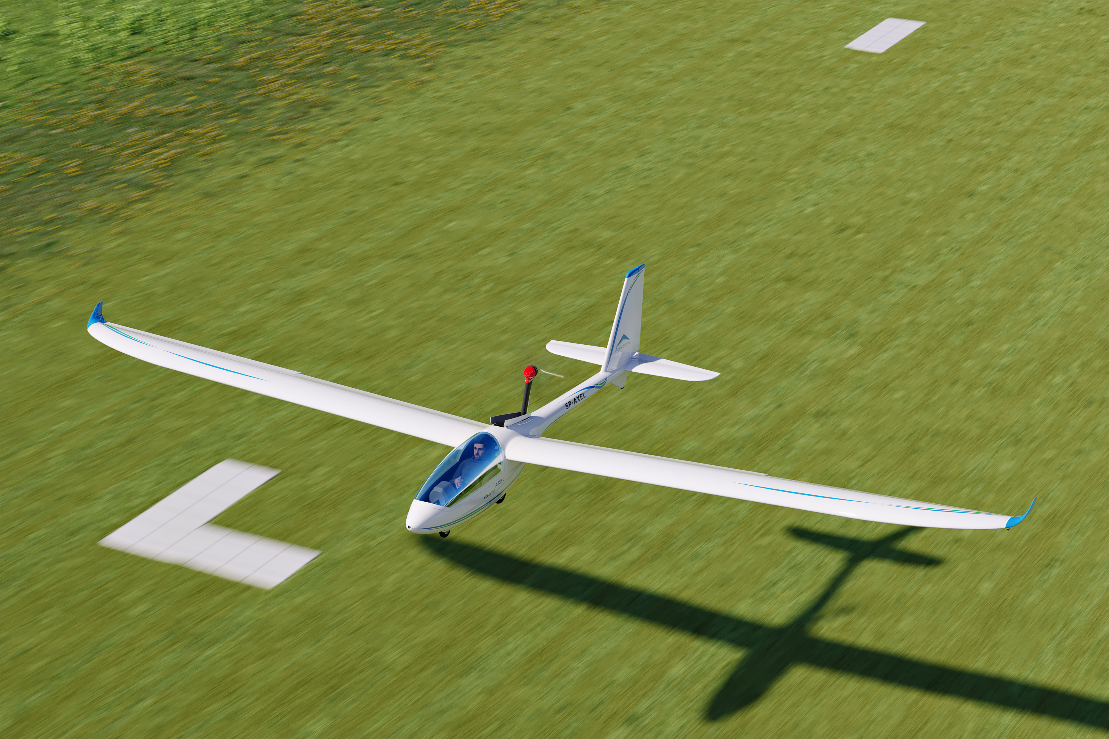 3D rendering visualization of the taking off Axel glider on the end of the grass runway.