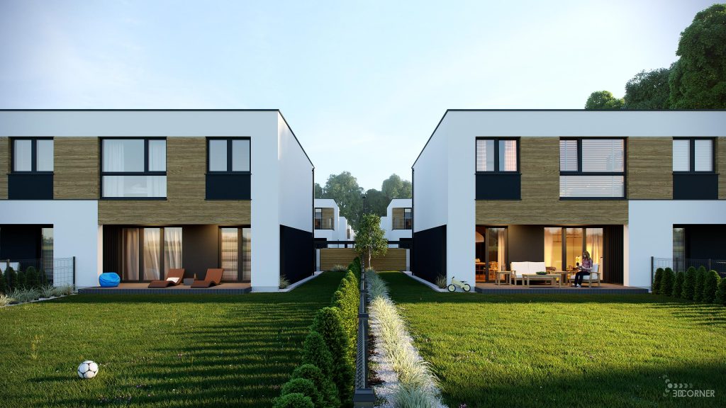 exterior photorealistic visualization of modern residential and garden