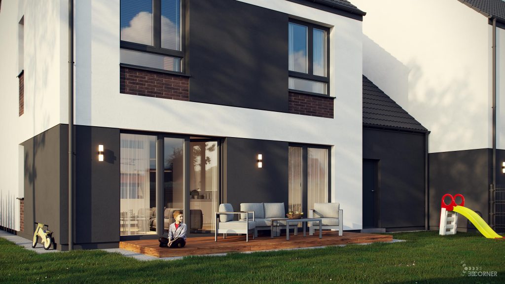 exterior visualization of modern residential backyard terrace