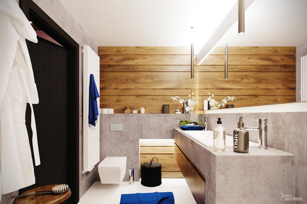 visualization interior and virtual tour photorealistic modern bathroom concrete wood