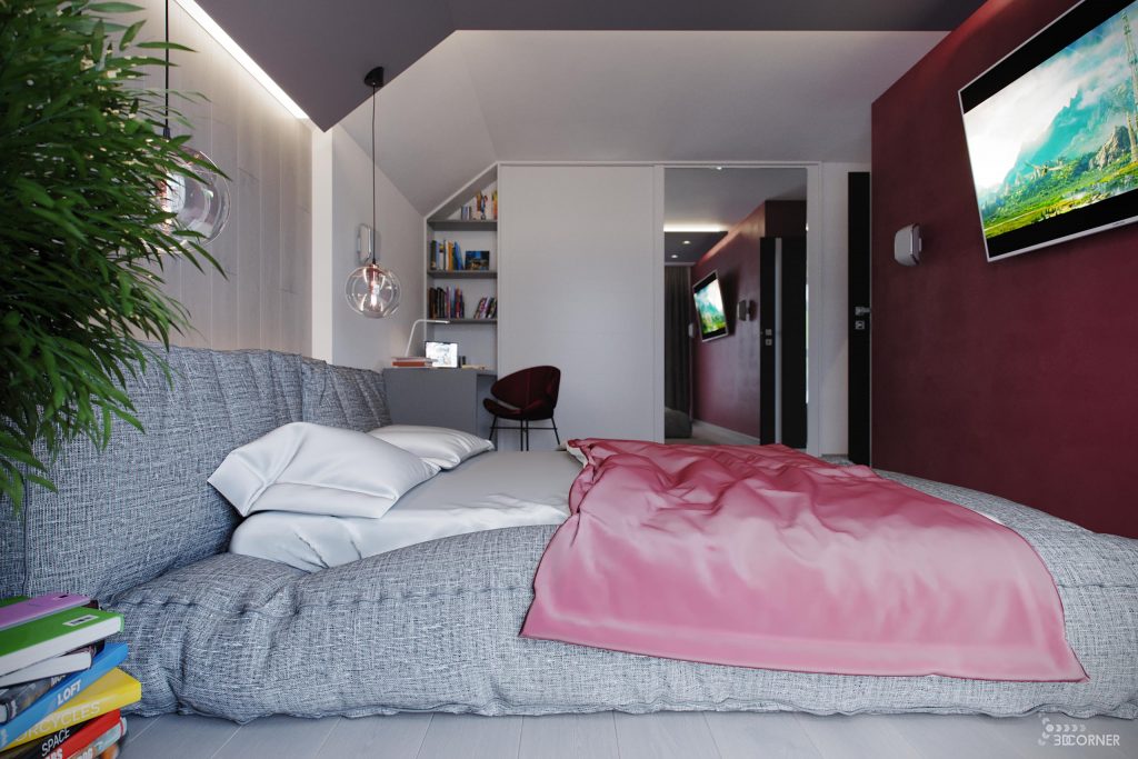 visualization interior and virtual tour photorealistic modern bedroom in gray red color