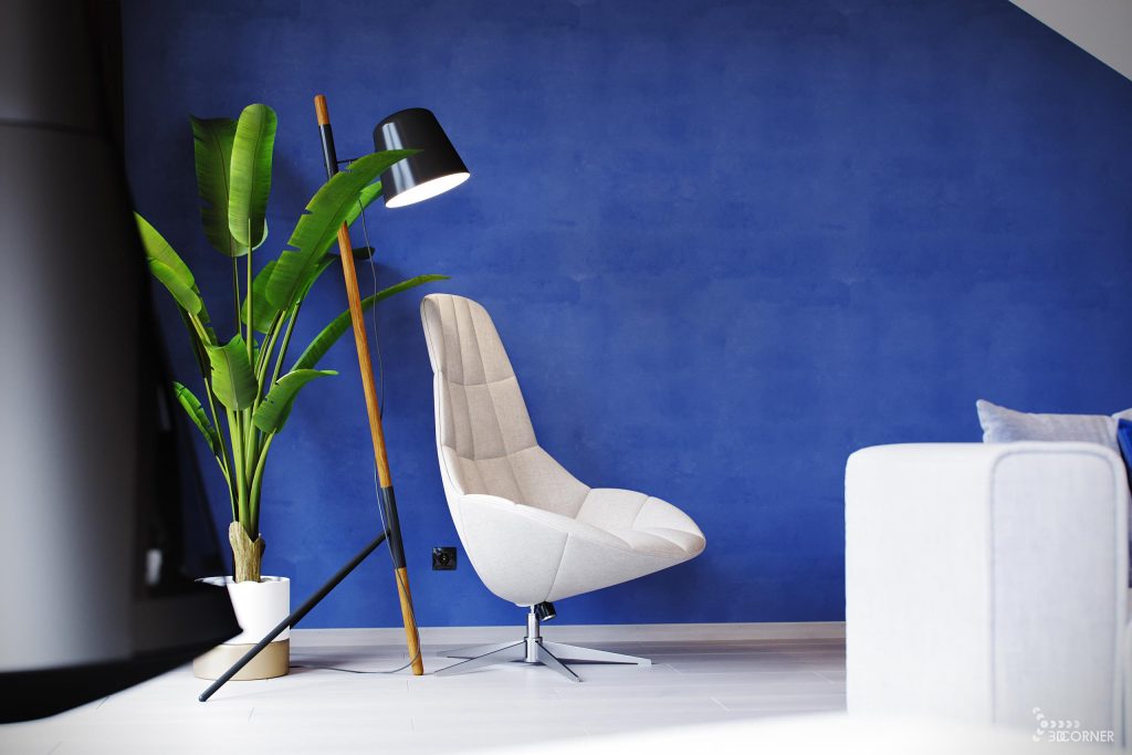 interior photorealistic modern salon with blue wall
