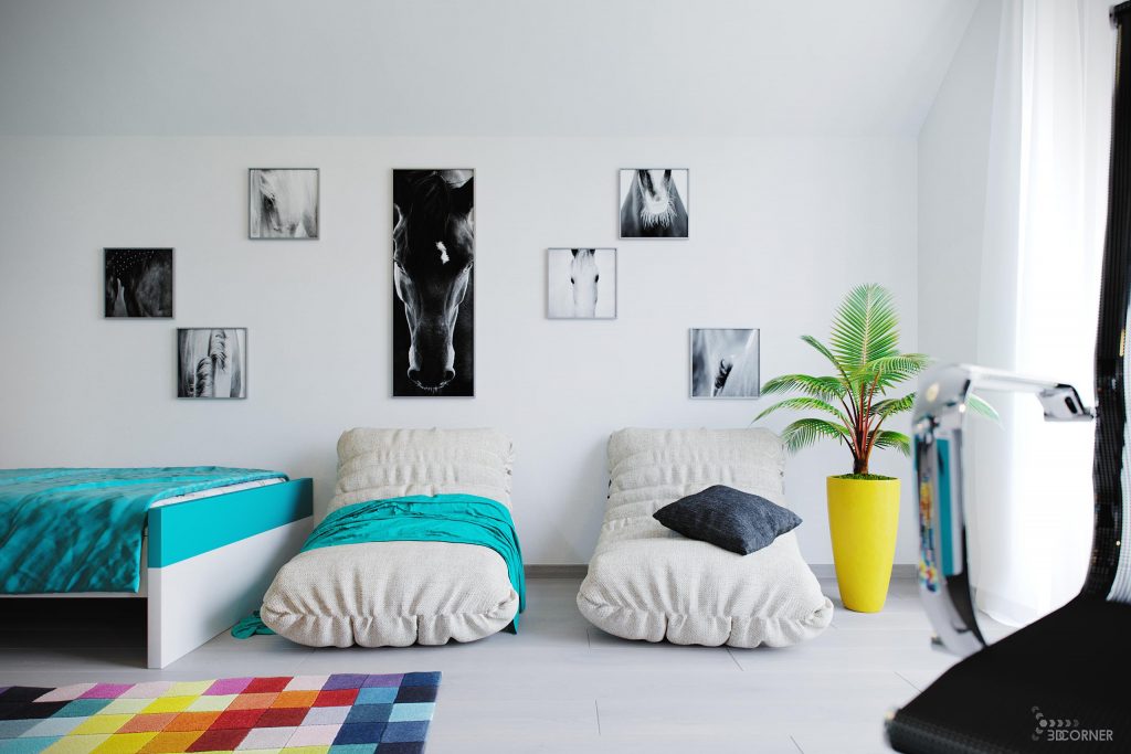 visualization of youth room with comfortable armchairs and turquoise elements