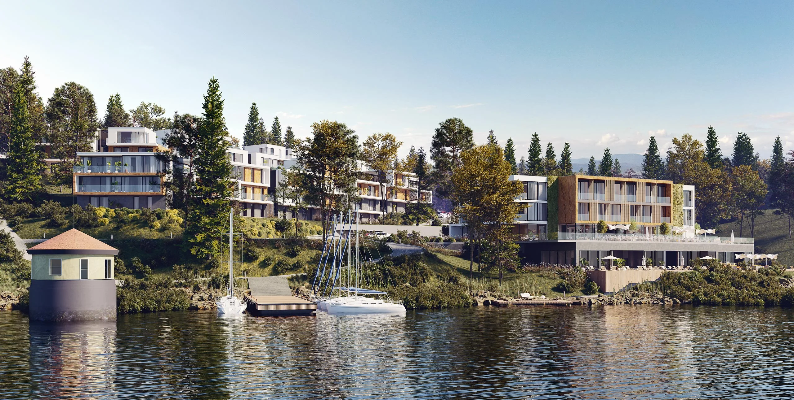 cgi visualization 3d rendering exterior archviz architectural apartment lake 3d corner