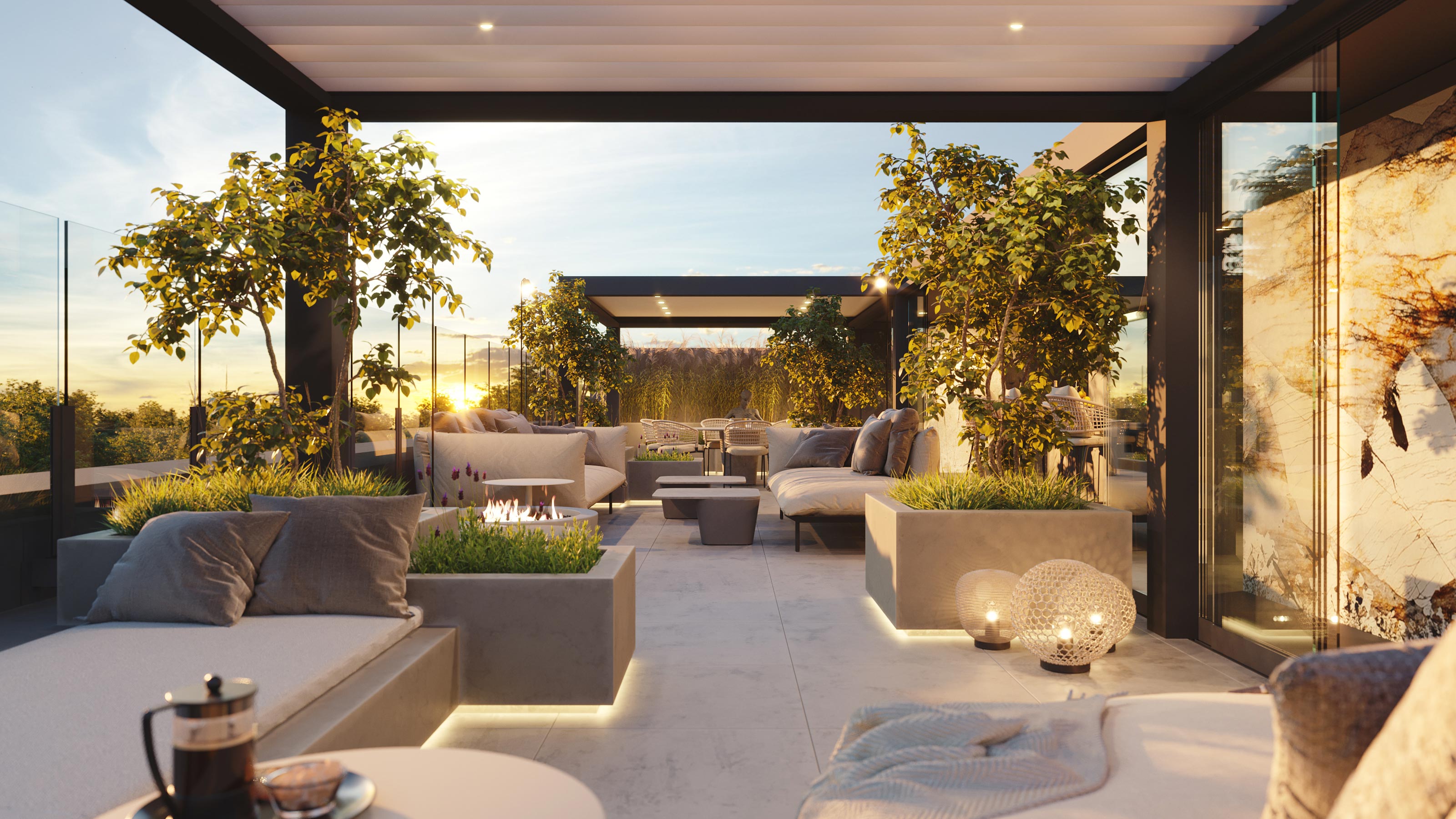 cgi visualization 3d rendering archviz interior contemporary vegetation sunset 3d corner