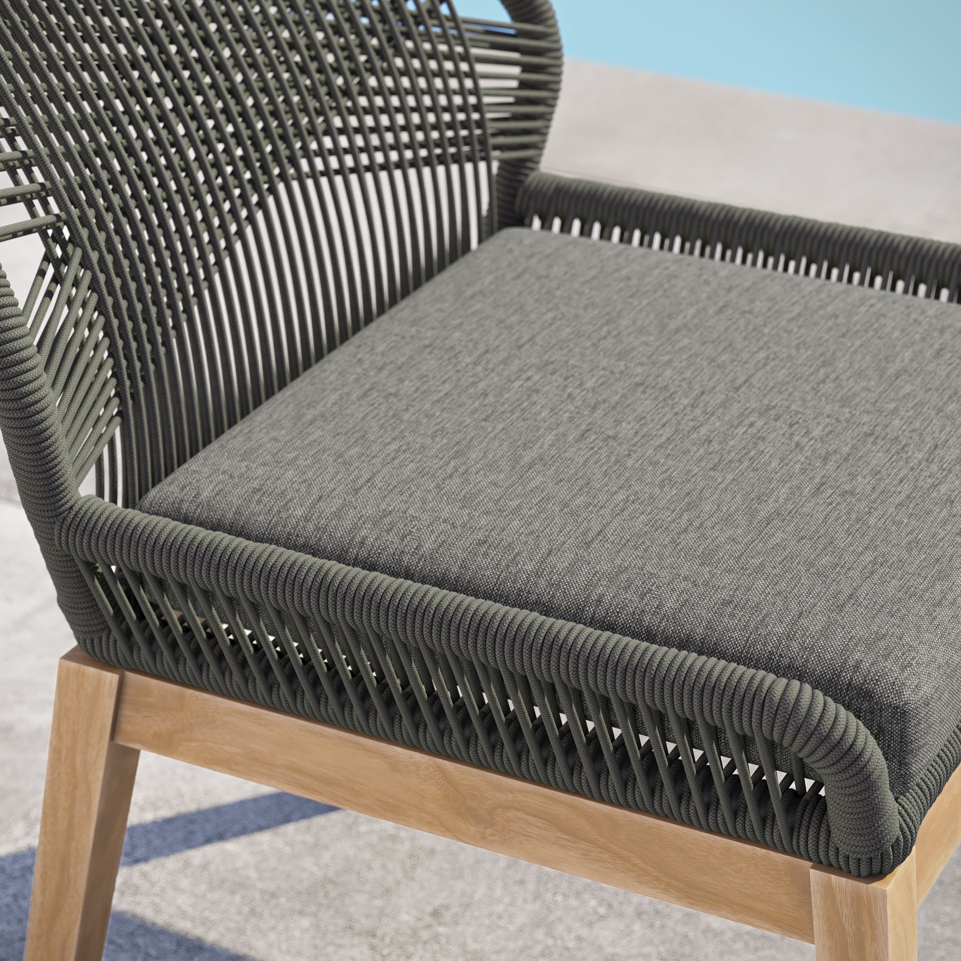 outdoor wooden wood teak furniture 3d visualization photorealistic chair closeup 3d corner