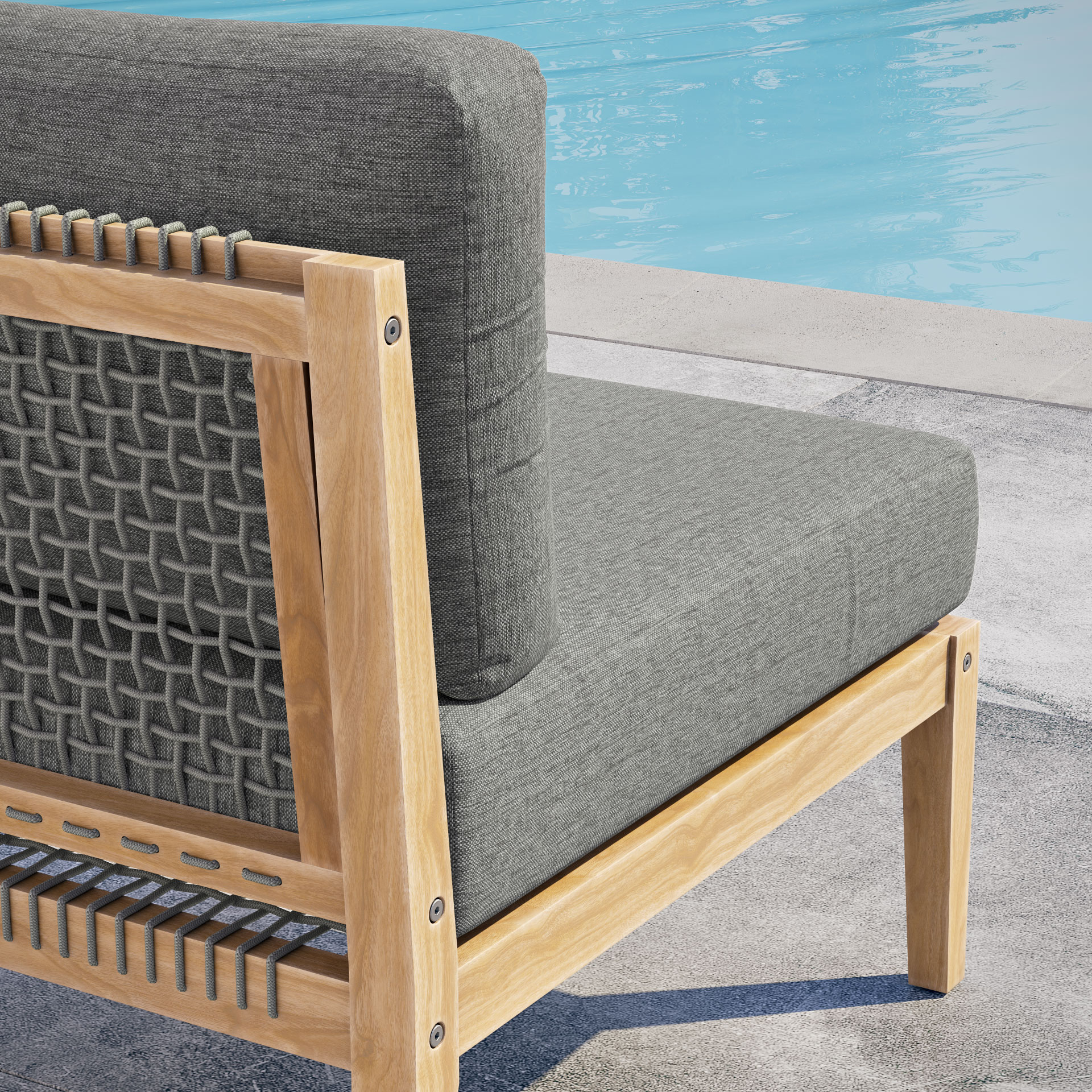 outdoor wooden wood teak furniture 3d visualization photorealistic section sofa closeup 3d corner