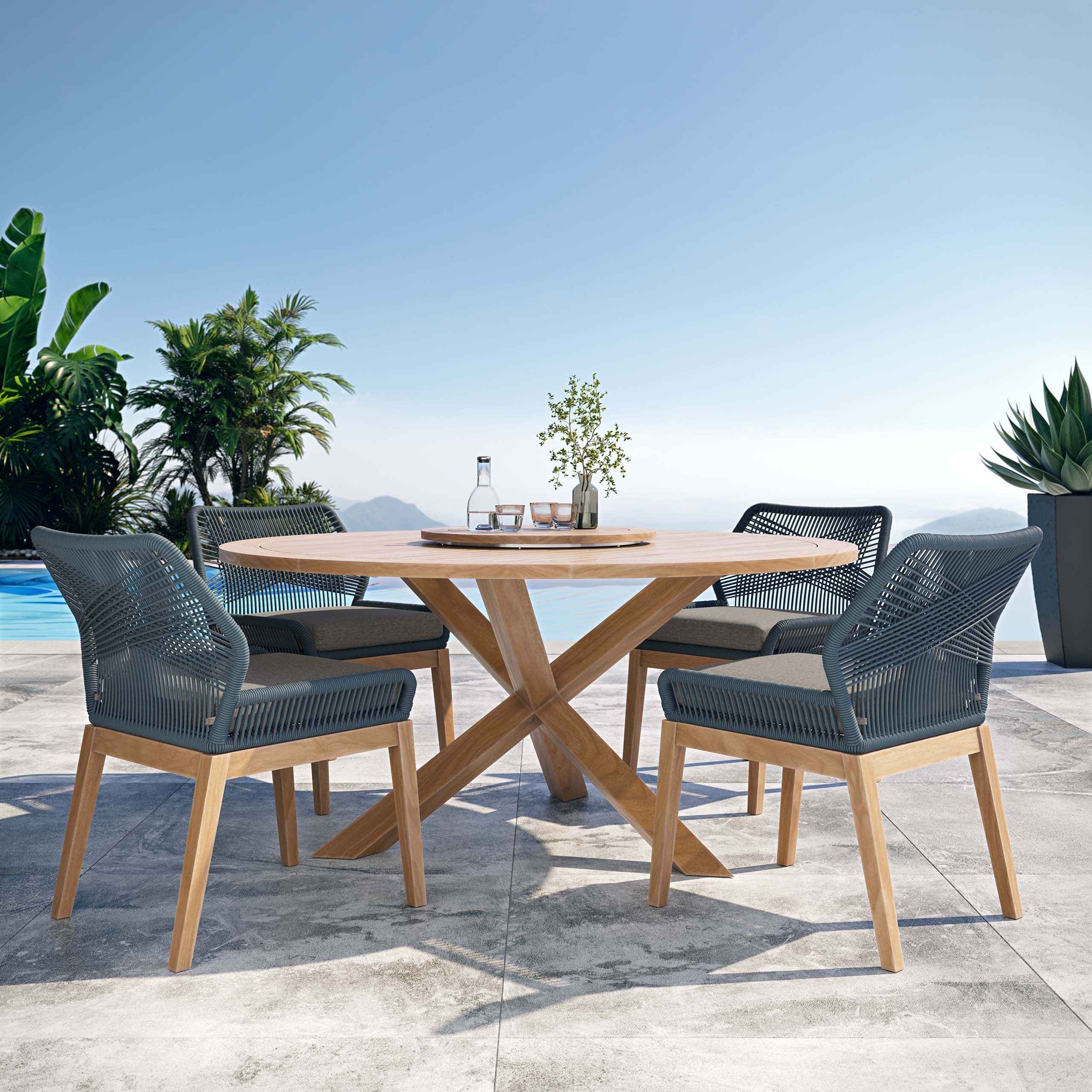 outdoor wooden wood teak furniture 3d visualization photorealistic table chairs 3d corner