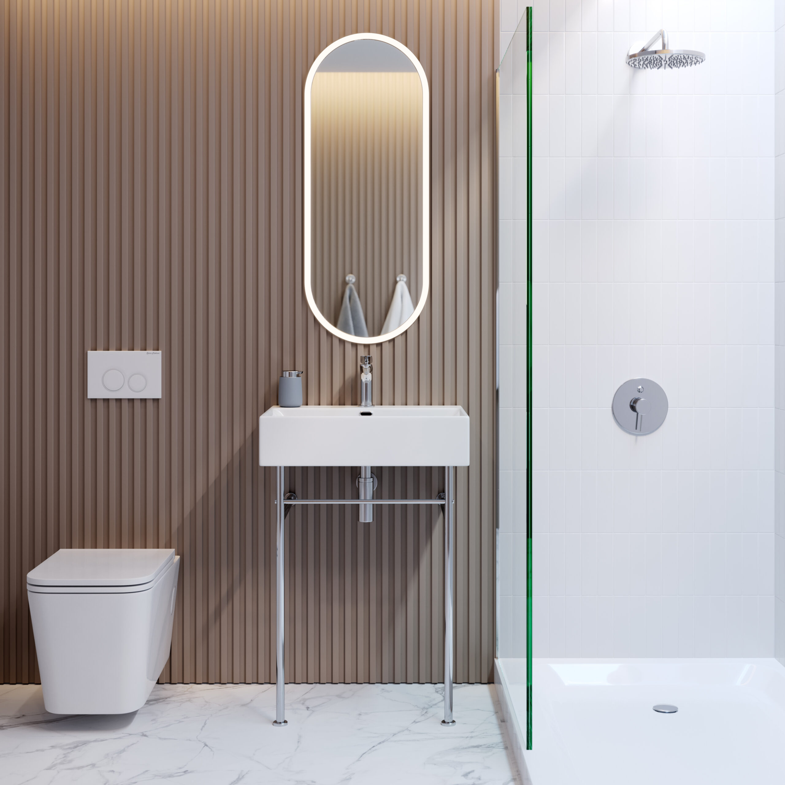 visualization bathroom washbasin shiny metal tiles 3d render
