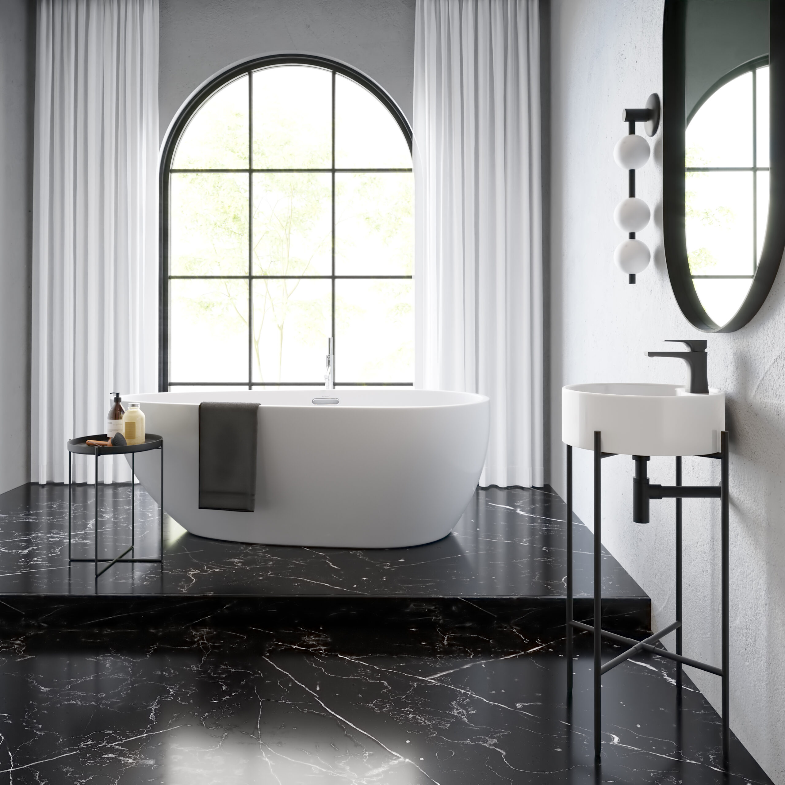 visualization bathroom sink bathtub shiny metal tiles 3d render