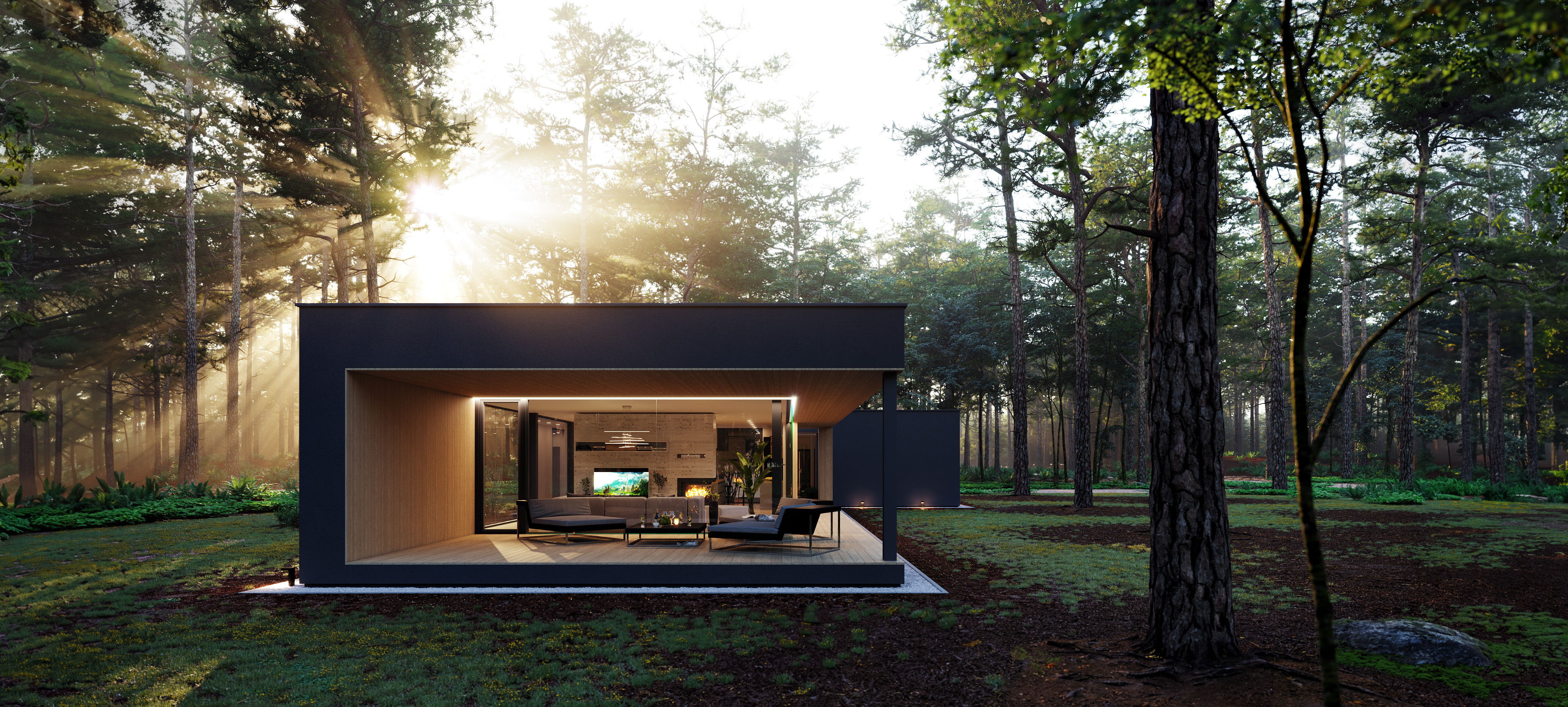 rendering 3d visualization architectural realistic 3d corner forest house sunrise