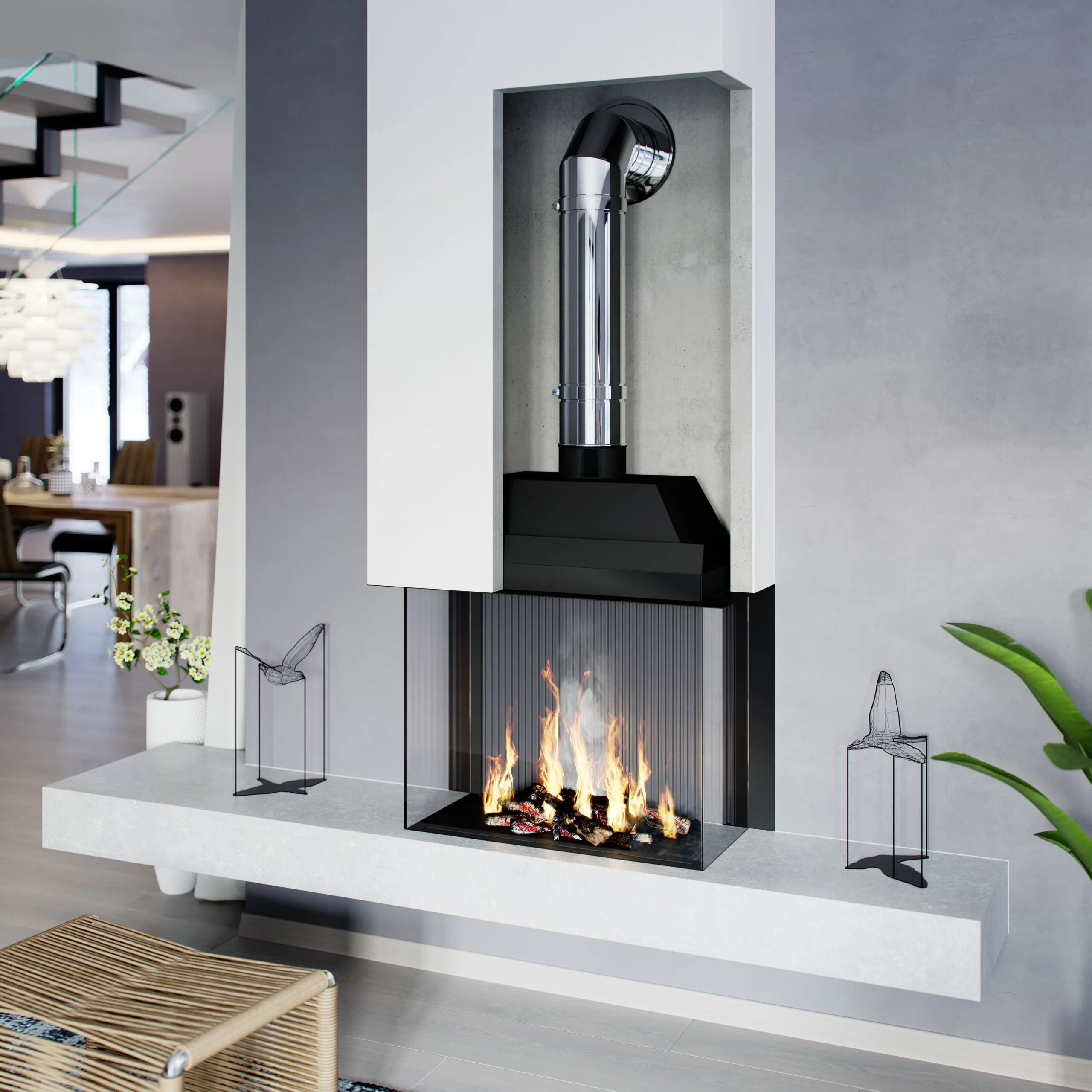 rendering 3d visualization technical product realistic 3d corner fireplace chrome system