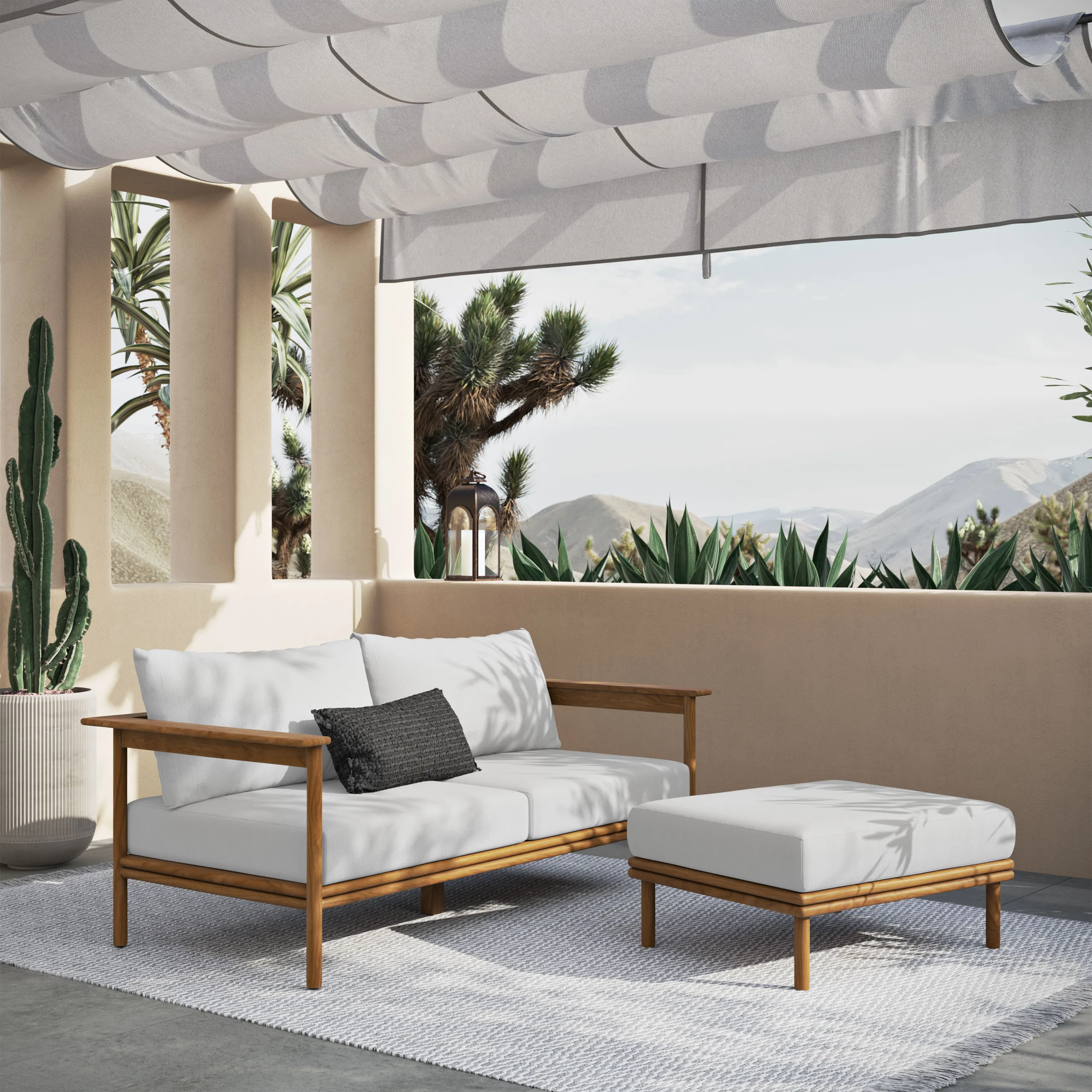 3D rendering of a modern outdoor teak patio furniture set, including a sofa, two armchairs, and a coffee table, arranged poolside with neutral cushions and a textured rug. Surrounded by greenery, showcasing a realistic and inviting outdoor living space.