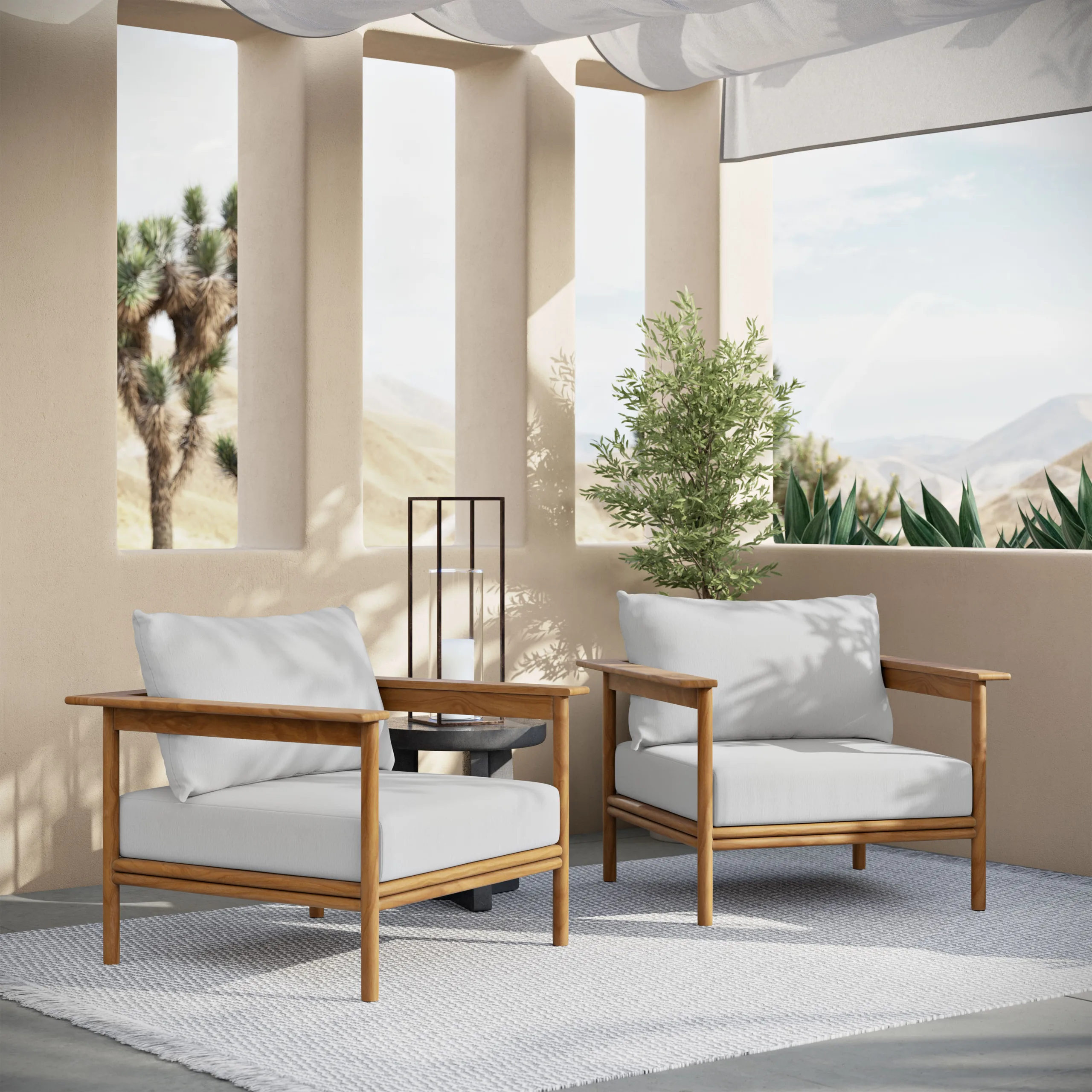 3D rendering of a modern outdoor teak patio furniture set, including a sofa, two armchairs, and a coffee table, arranged poolside with neutral cushions and a textured rug. Surrounded by greenery, showcasing a realistic and inviting outdoor living space.