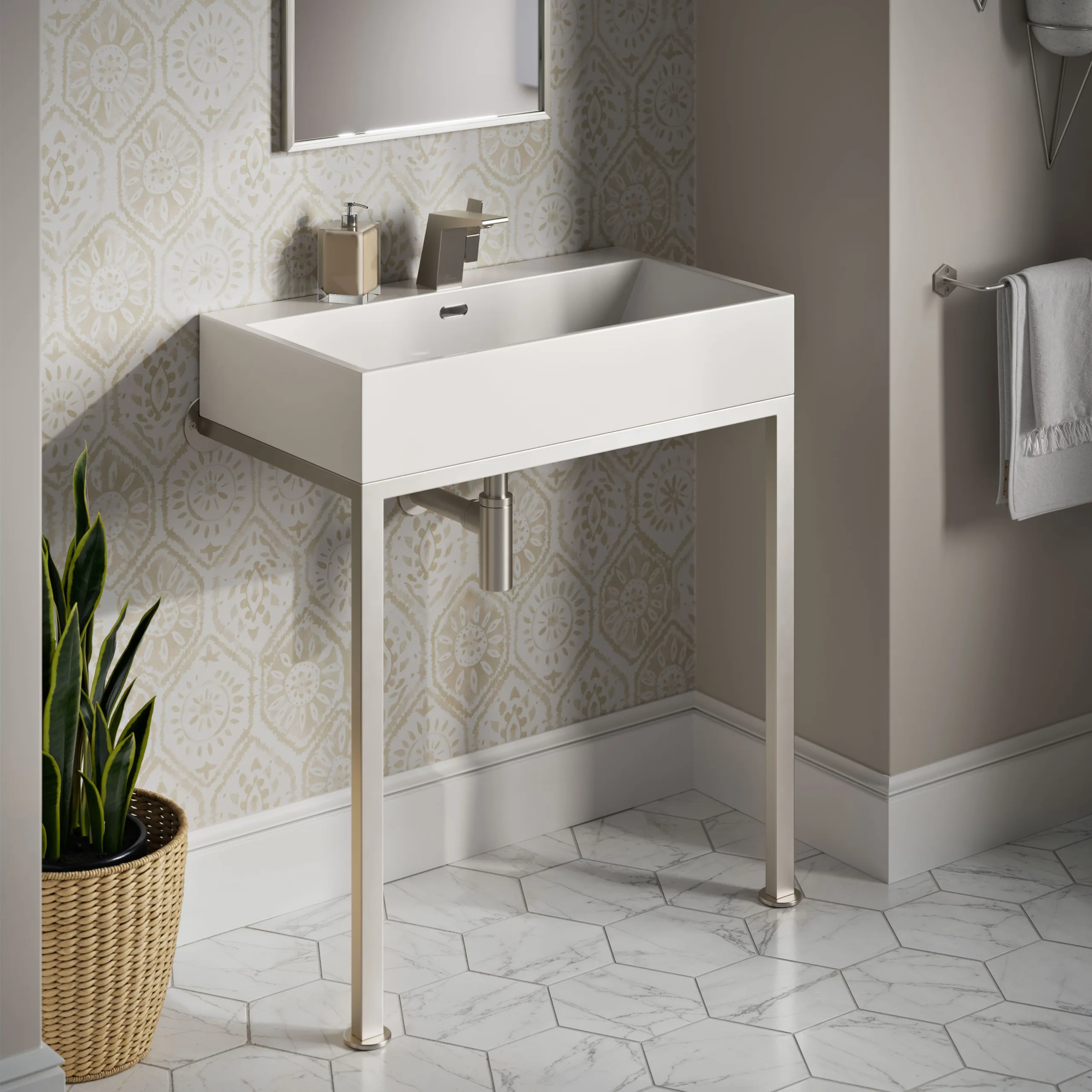 3D rendering visualization cgi bathroom fixtures console sink 3d corner