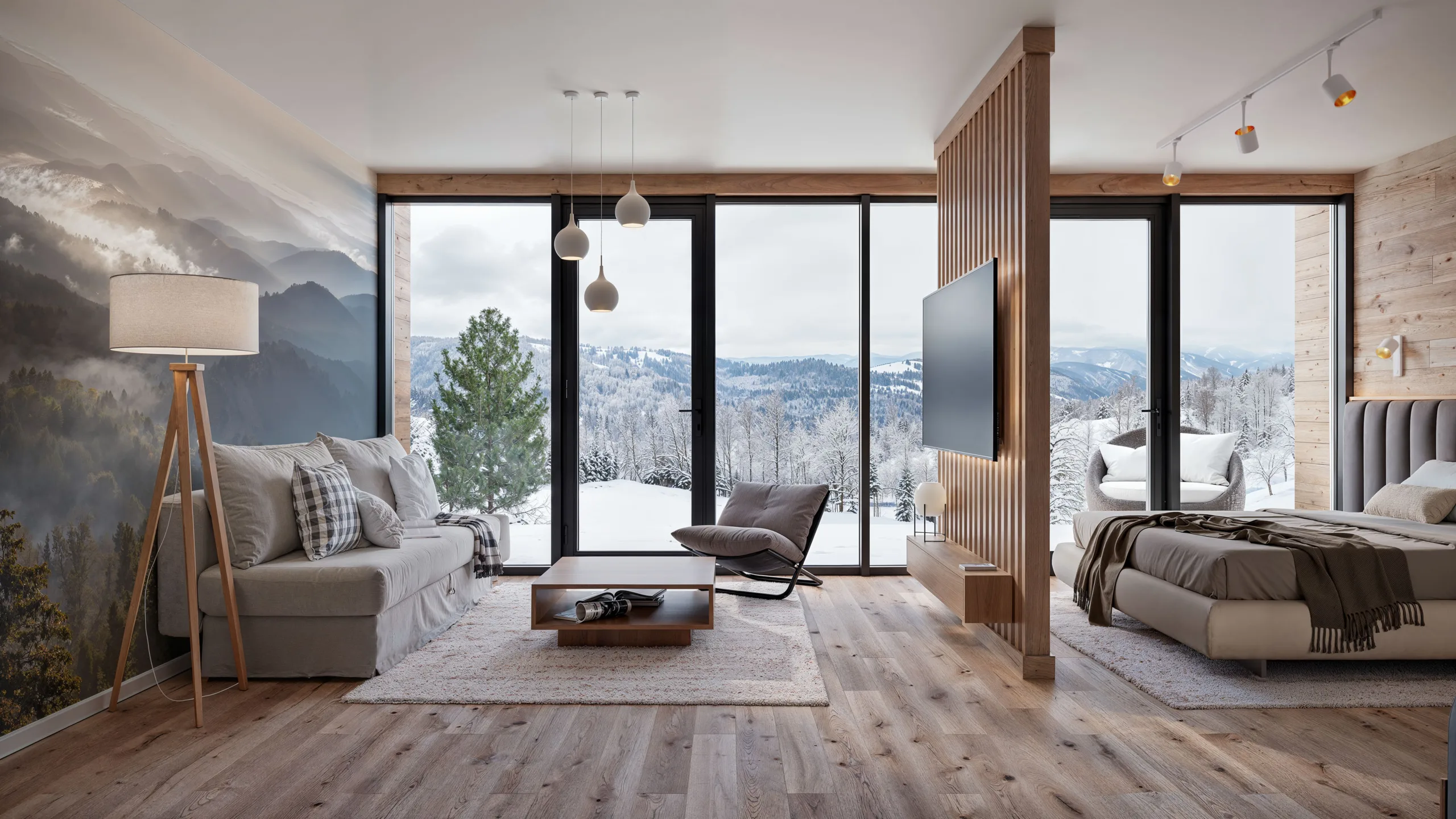 3D Interior Visualization of the contemporary living room with the bedroom in a holiday apartment in daylight.