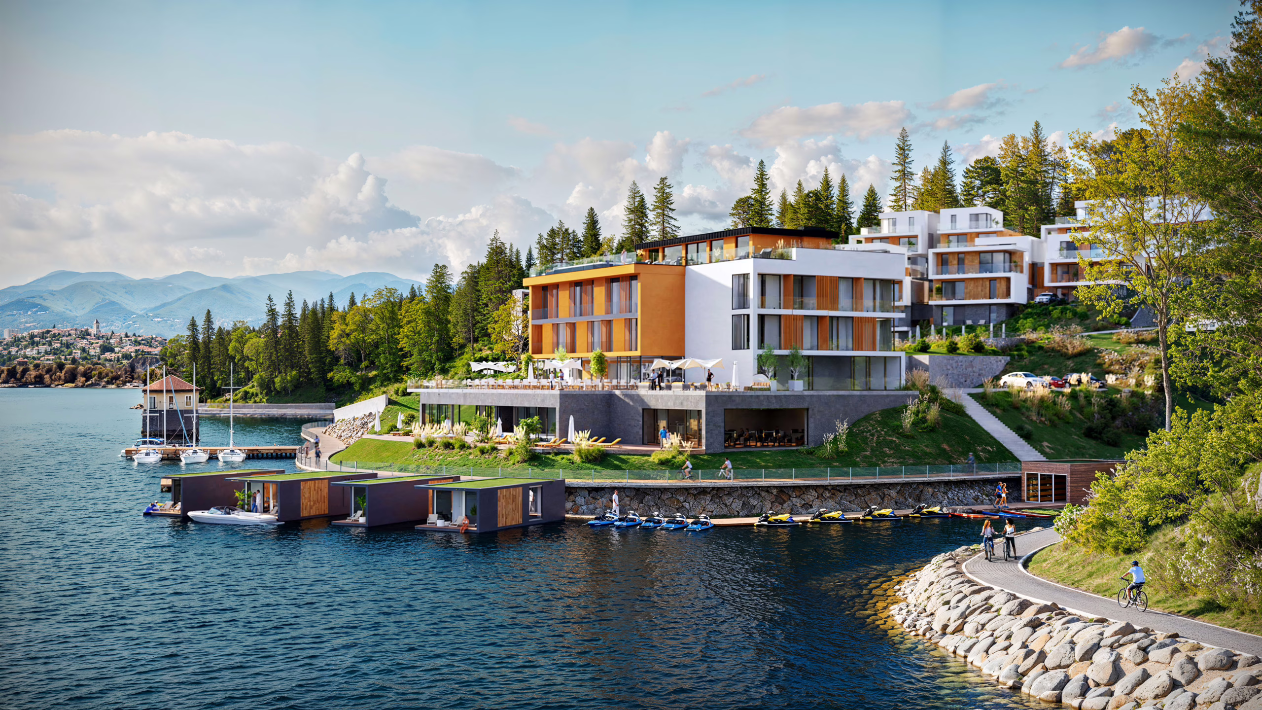 3D Architectural Rendering of a recreational and leisure complex by the lake with a bicycle path in daylight