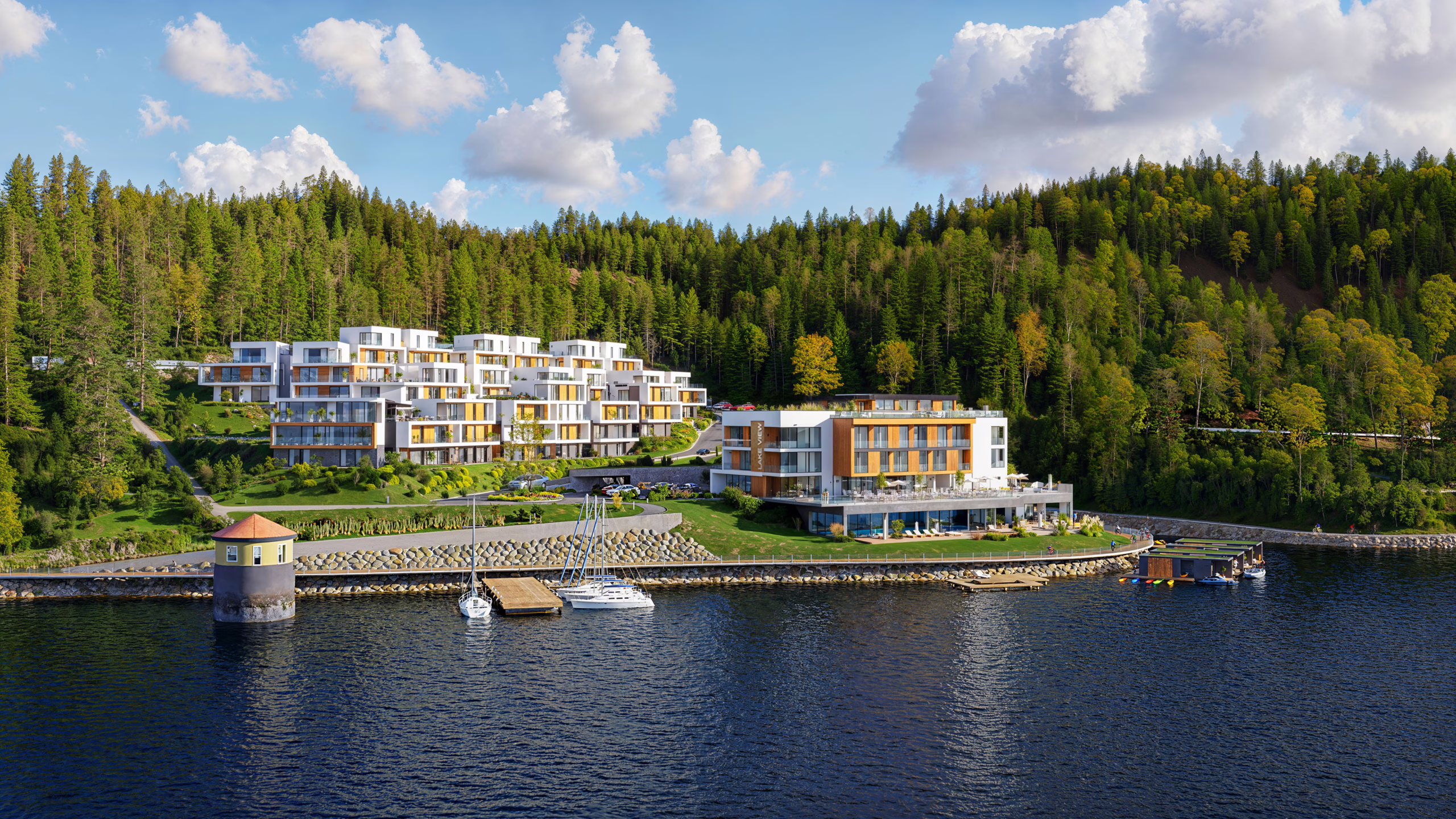 3D Architectural Visualization of a Recreation and Leisure Complex by the Lake in Daylight