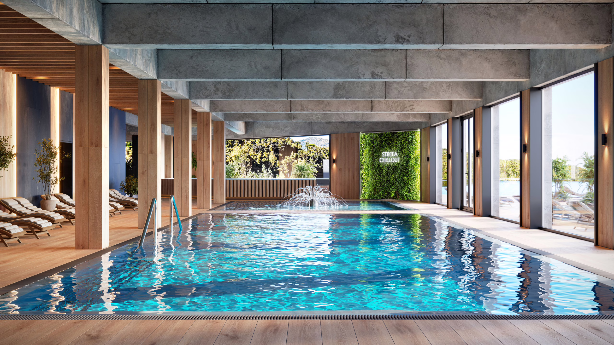 3D photorealistic rendering of a swimming pool with a sauna complex and a jacuzzi with daylight lighting