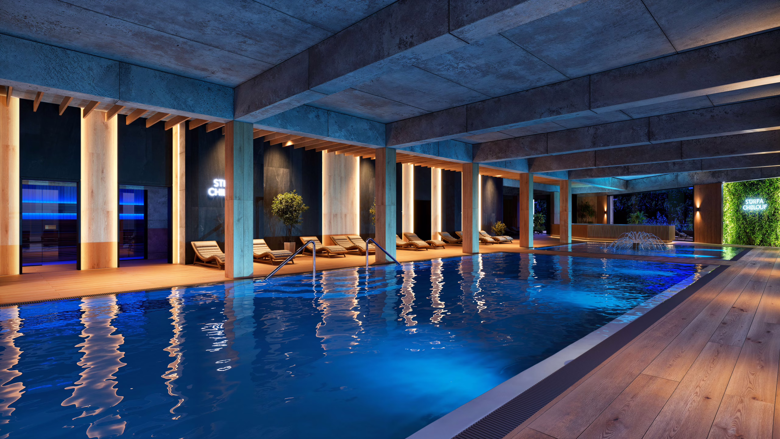 3D visualization of a swimming pool with a sauna complex and a jacuzzi with subdued night lighting