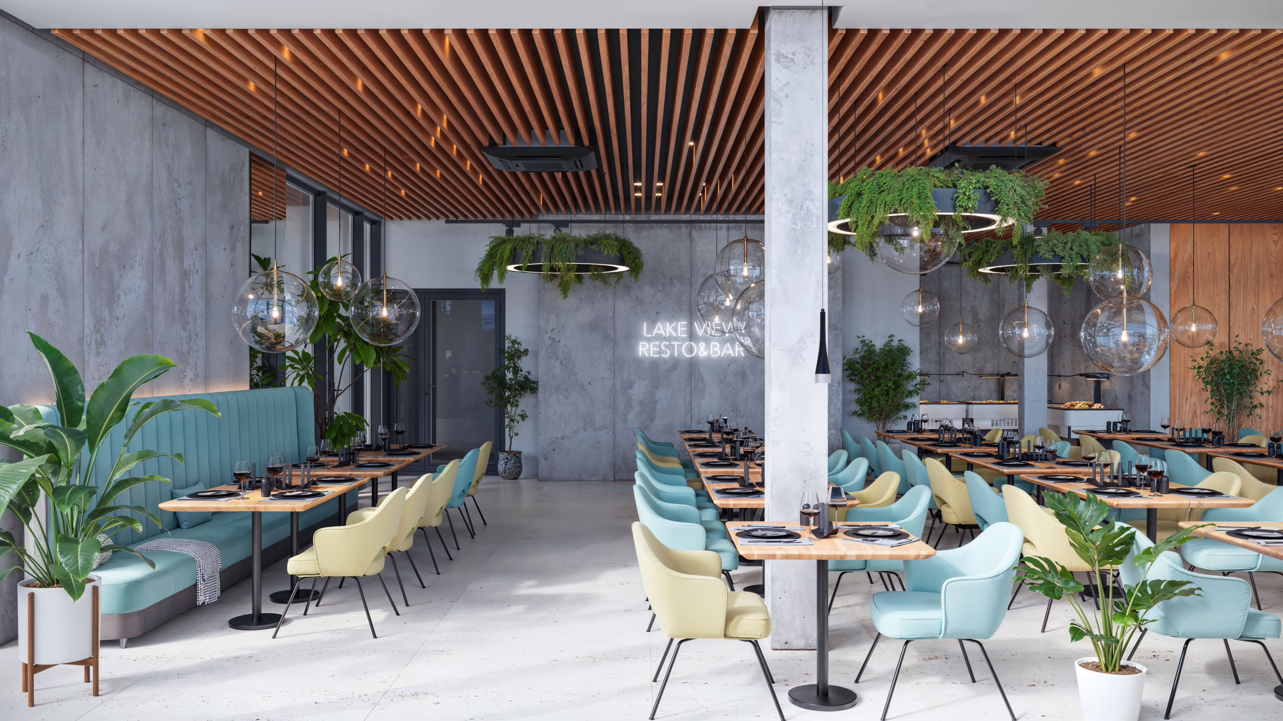 Photorealistic 3D visualization of the interior of a resort restaurant with a lake view in daylight