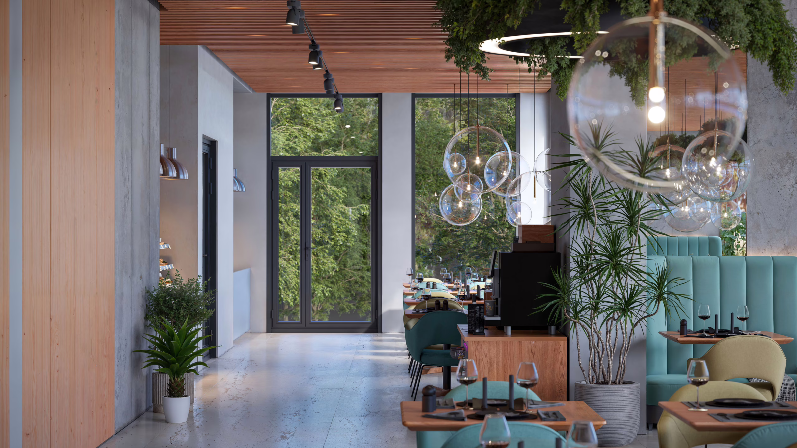 Photorealistic 3D rendering of the interior of a resort restaurant with a lake view in daylight