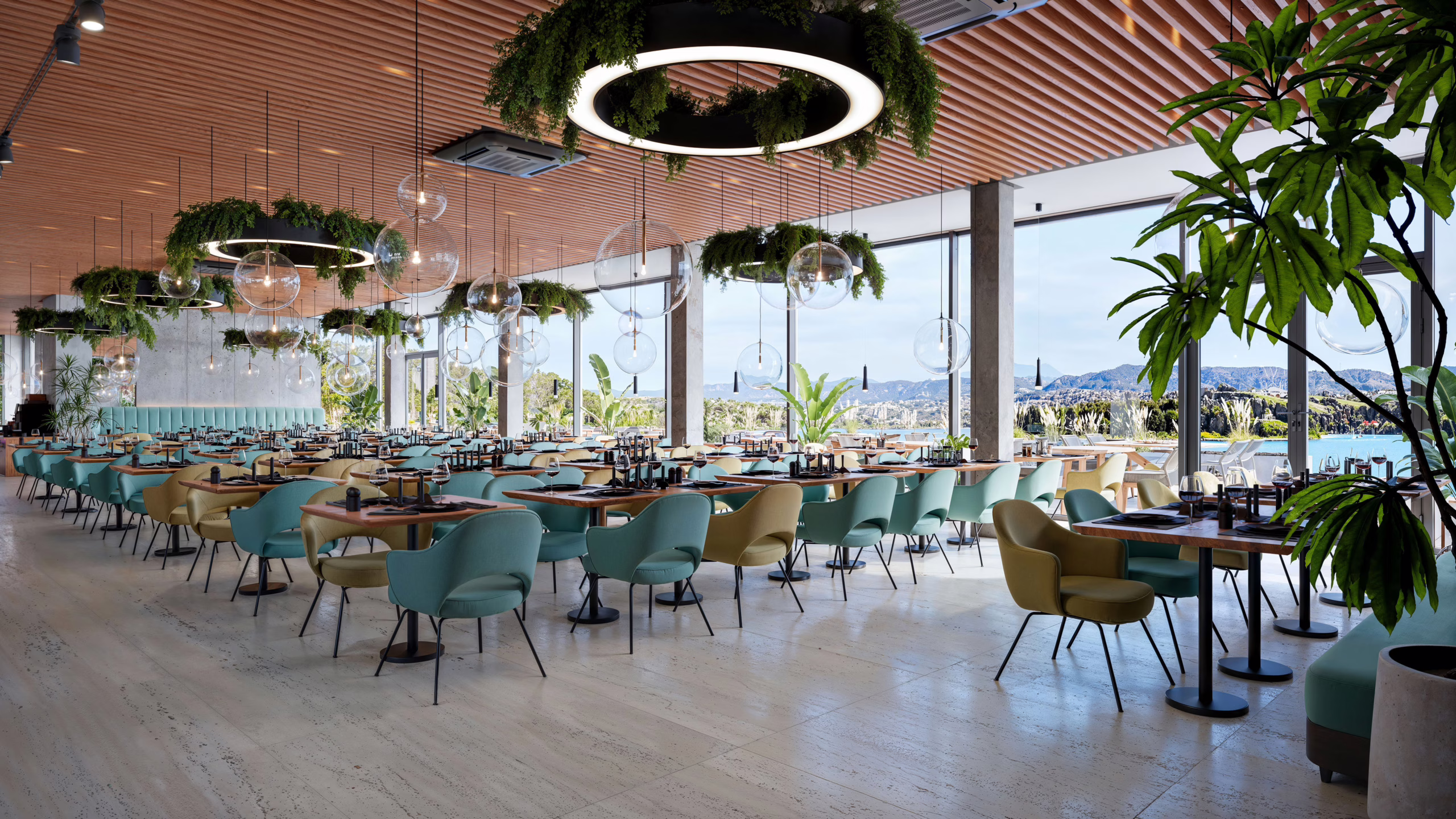 Photorealistic 3D visualization of the interior of a resort restaurant with a lake view in daylight
