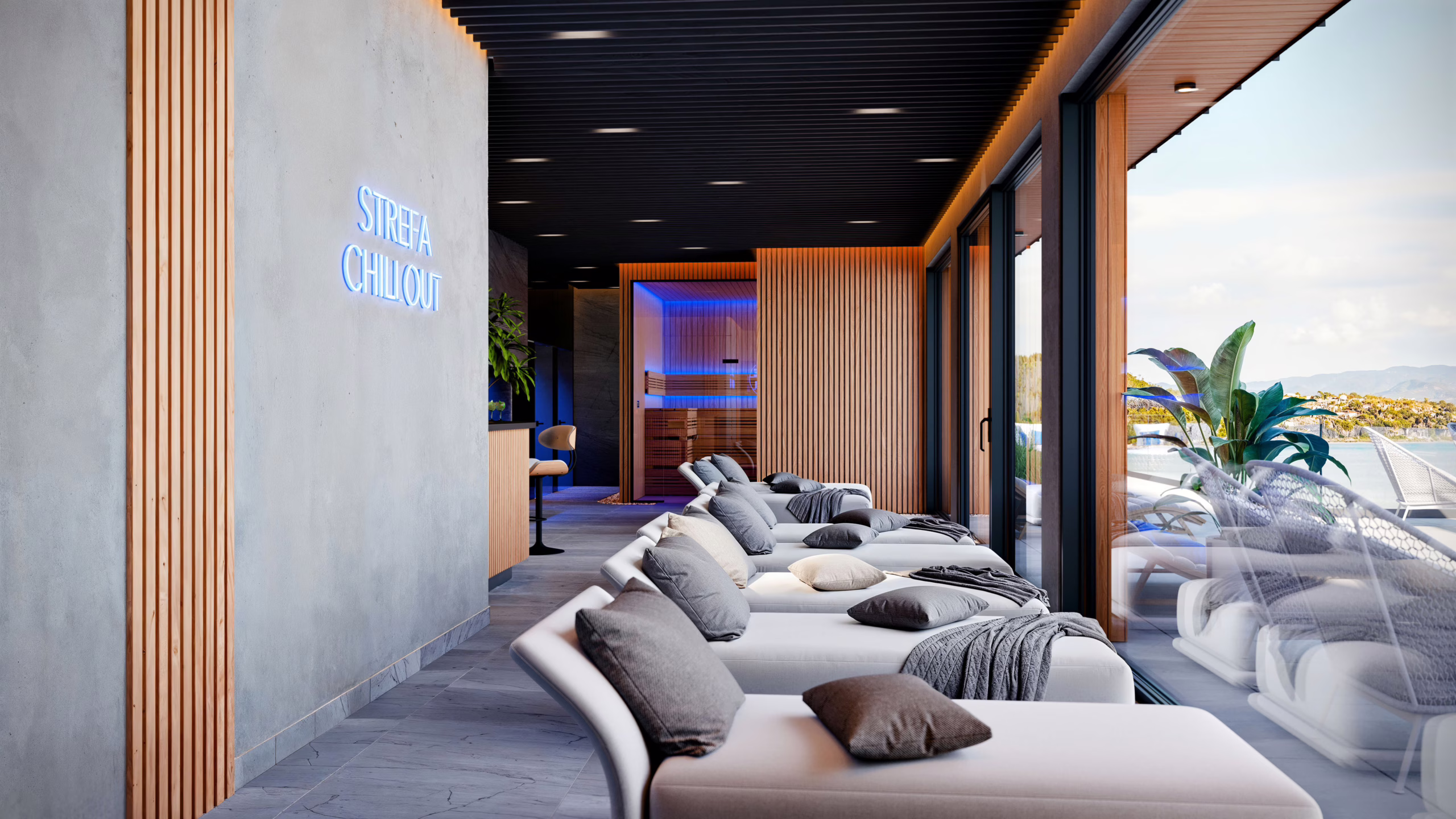 Photorealistic interior 3D visualization of the lounge area with sauna and pool in daylight with lake view.