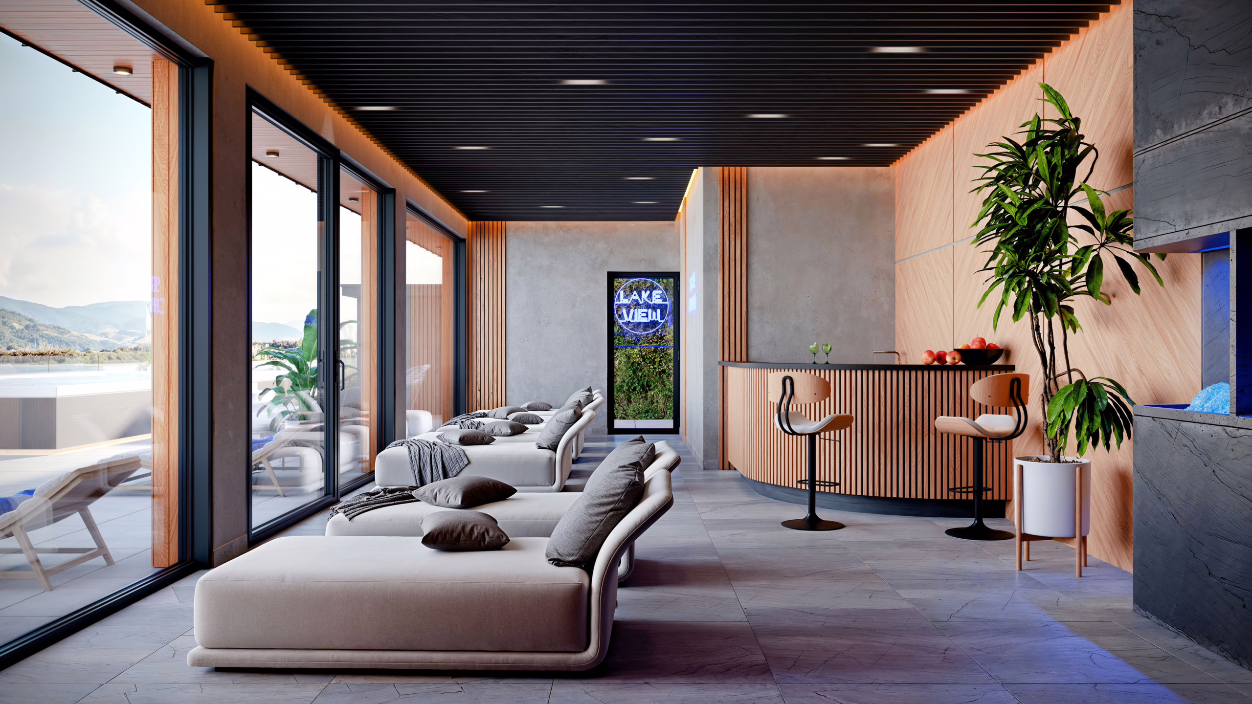Photorealistic interior 3D rendering of the lounge area with sauna and pool in daylight with lake view.