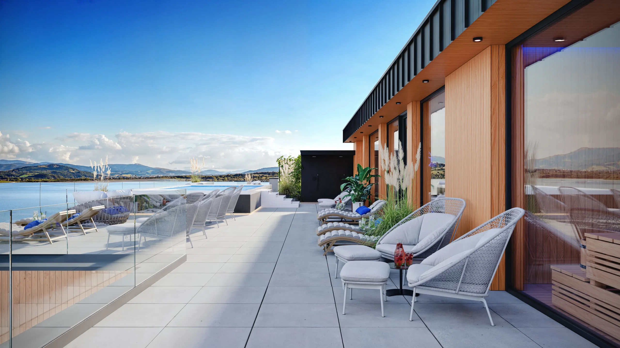 3D Architectural Rendering of the roof lounge with pool and lake-view with close-up to sauna room.