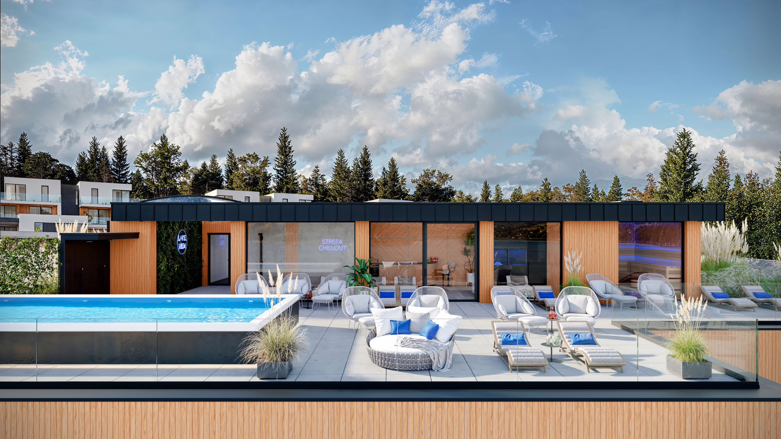 3D Architectural Rendering of the roof lounge with pool.