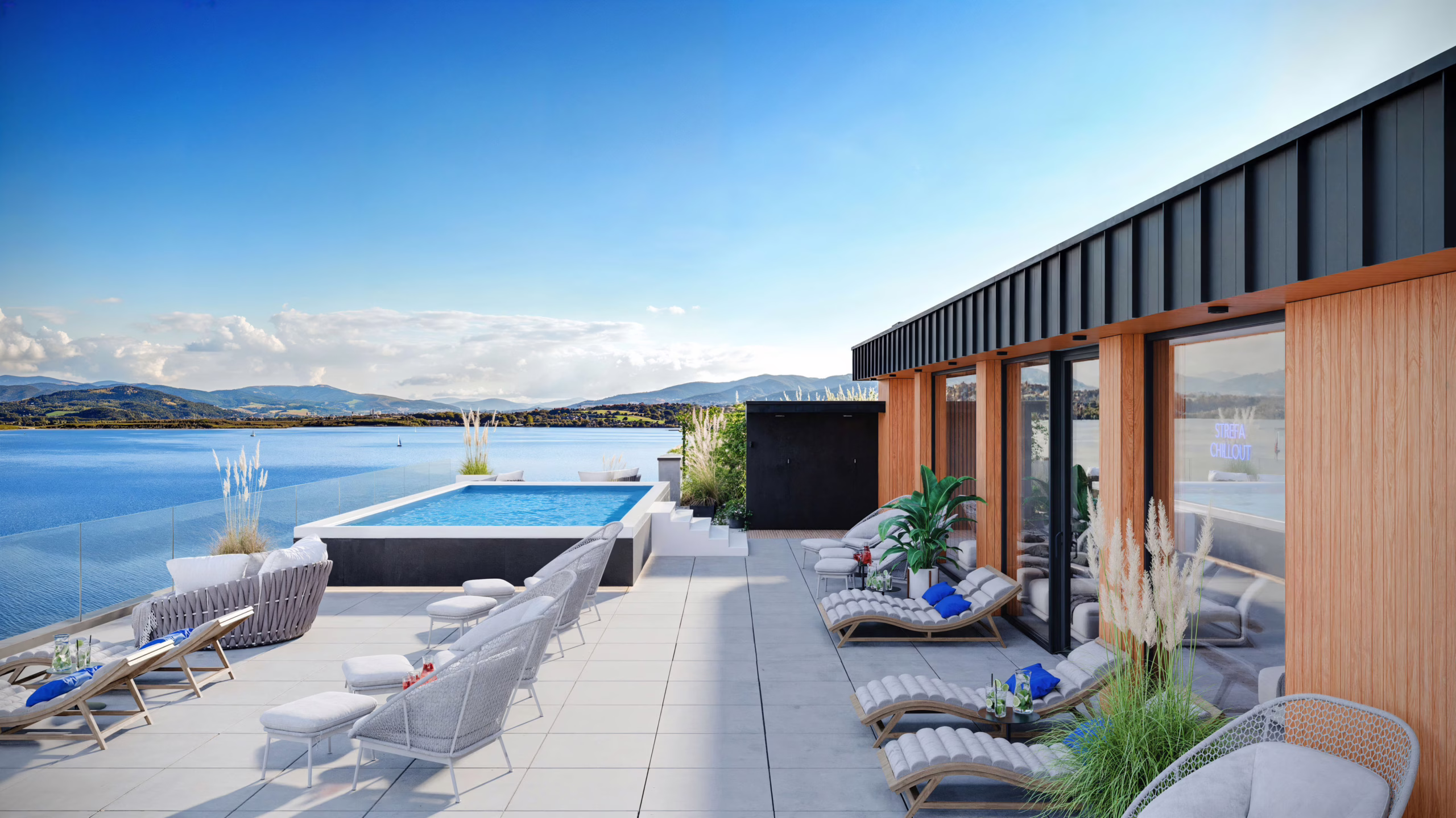 3D Architectural Rendering of the roof lounge with pool and lake-view.