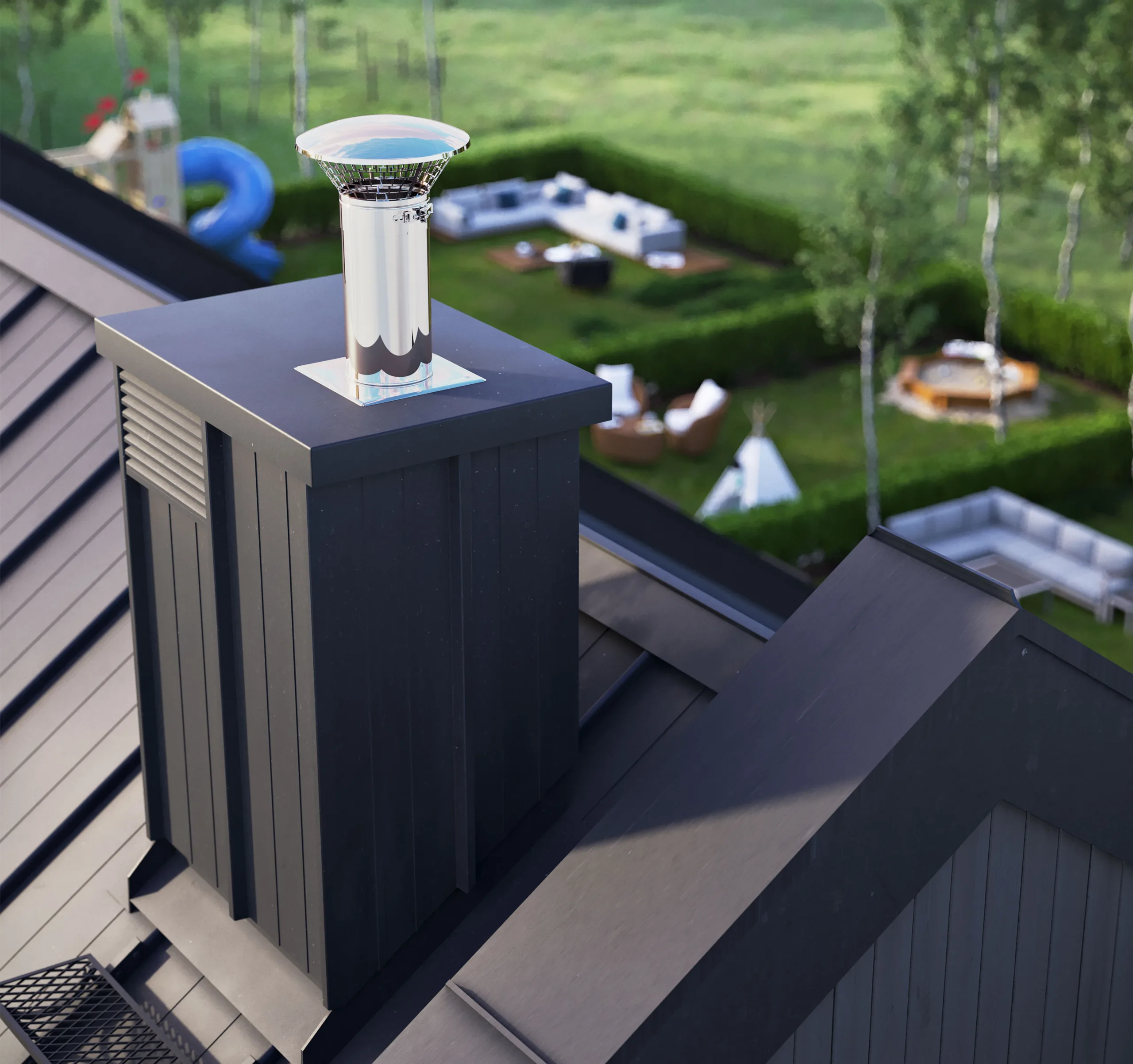 Metal chimney cap on dark chimney atop a house roof with backyard seating and playground visible.