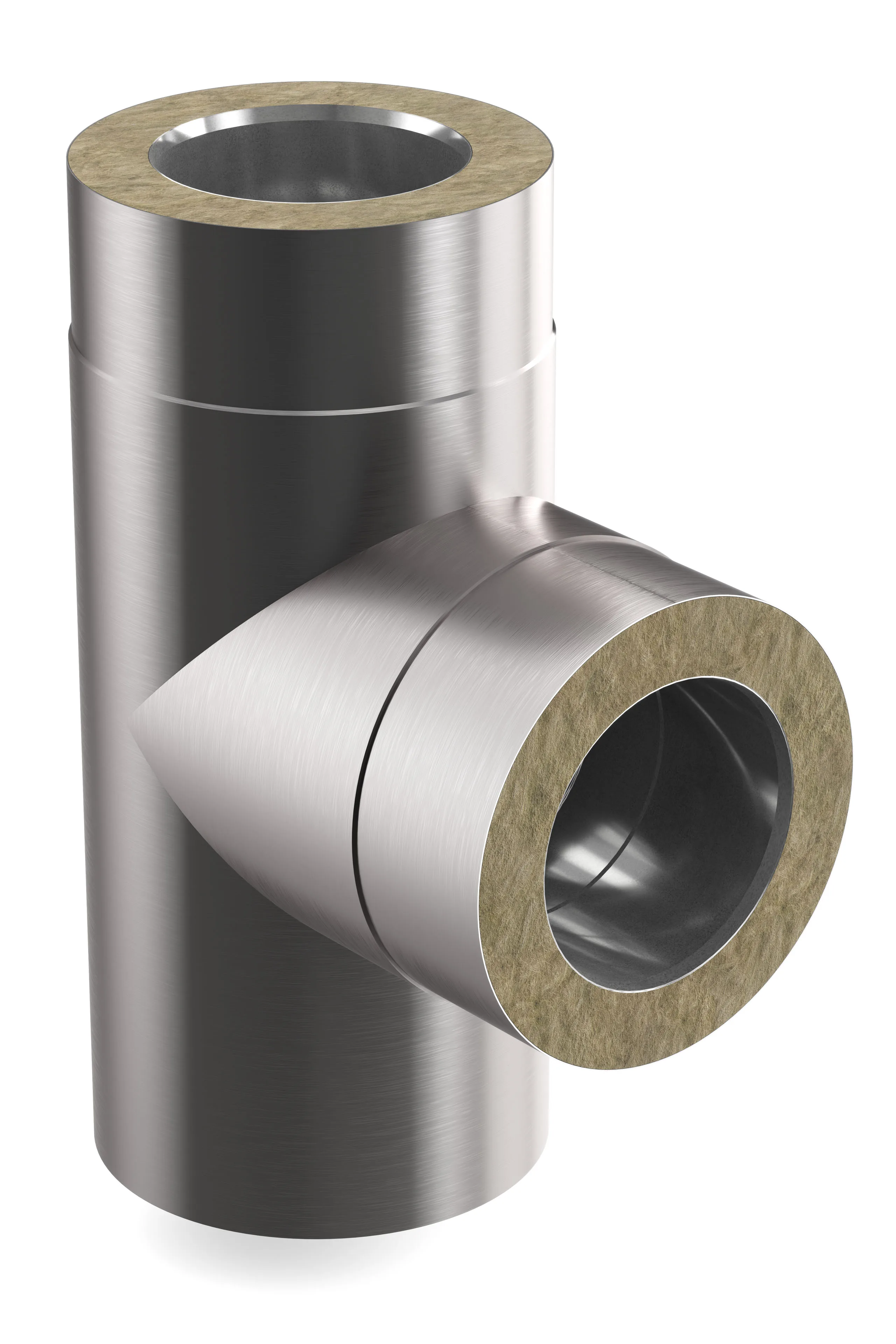 Photorealistic CGI of a brushed stainless-steel T-shaped pipe junction with exposed mineral-wool insulation at the cut circular ends, a visible smooth inner liner and tapered side branch, shown on a white background with studio lighting highlights.