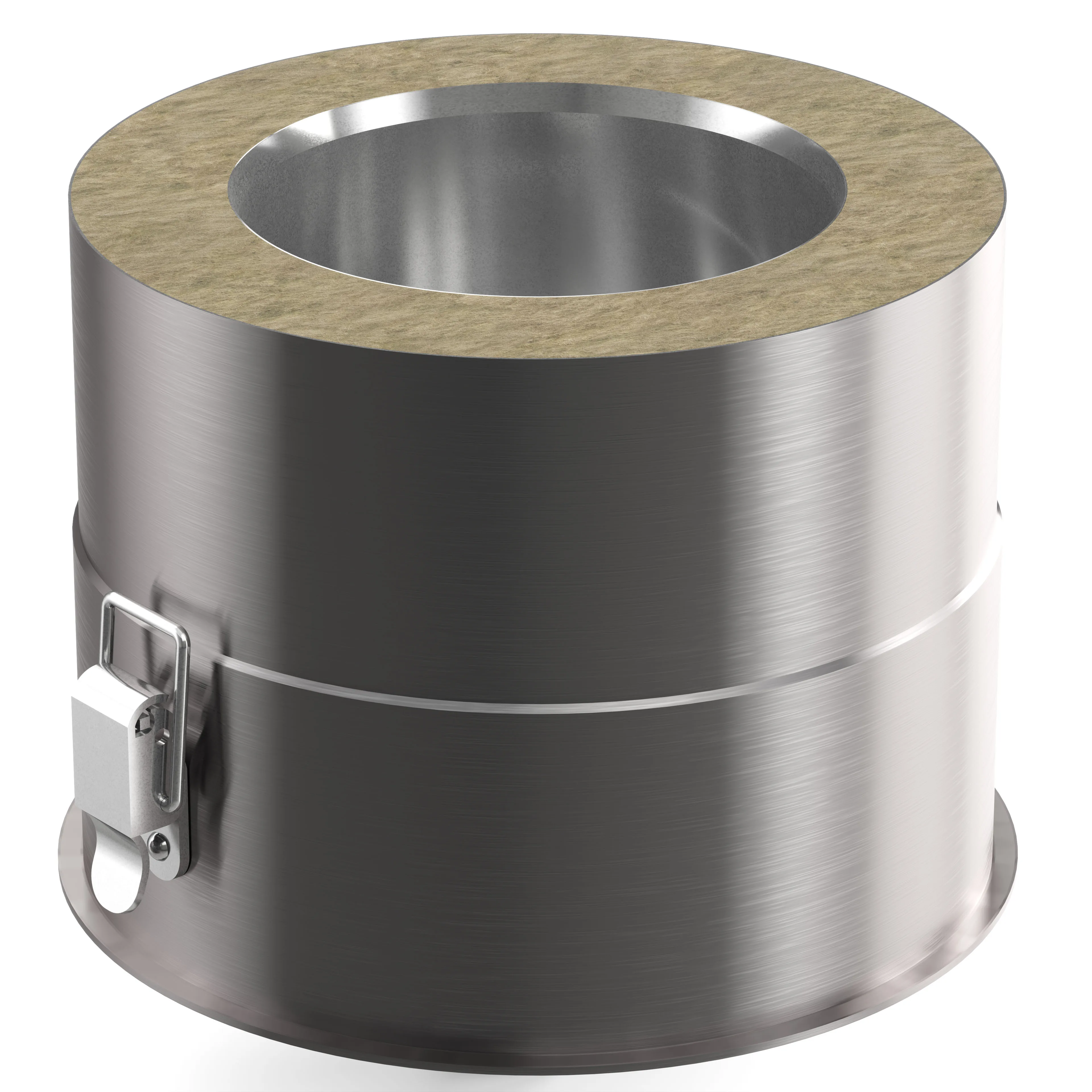 Photorealistic 3D rendering of a short brushed stainless-steel cylindrical duct sleeve with a circular top opening lined with beige fibrous insulation and a metal latch clamp on the side, on a white studio background.