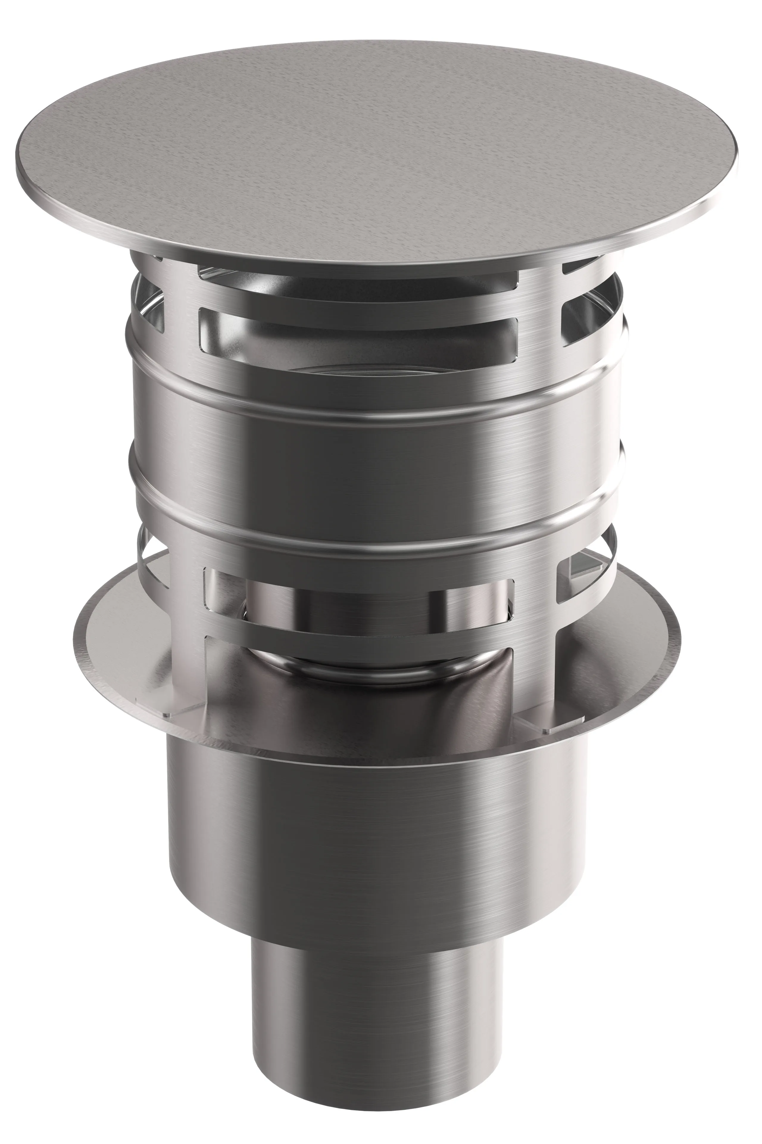 Photorealistic CGI of a stainless steel cylindrical ventilation/drain component with a flat round top plate, stacked slotted rings and a flared mounting flange, shown on a white background with studio lighting.