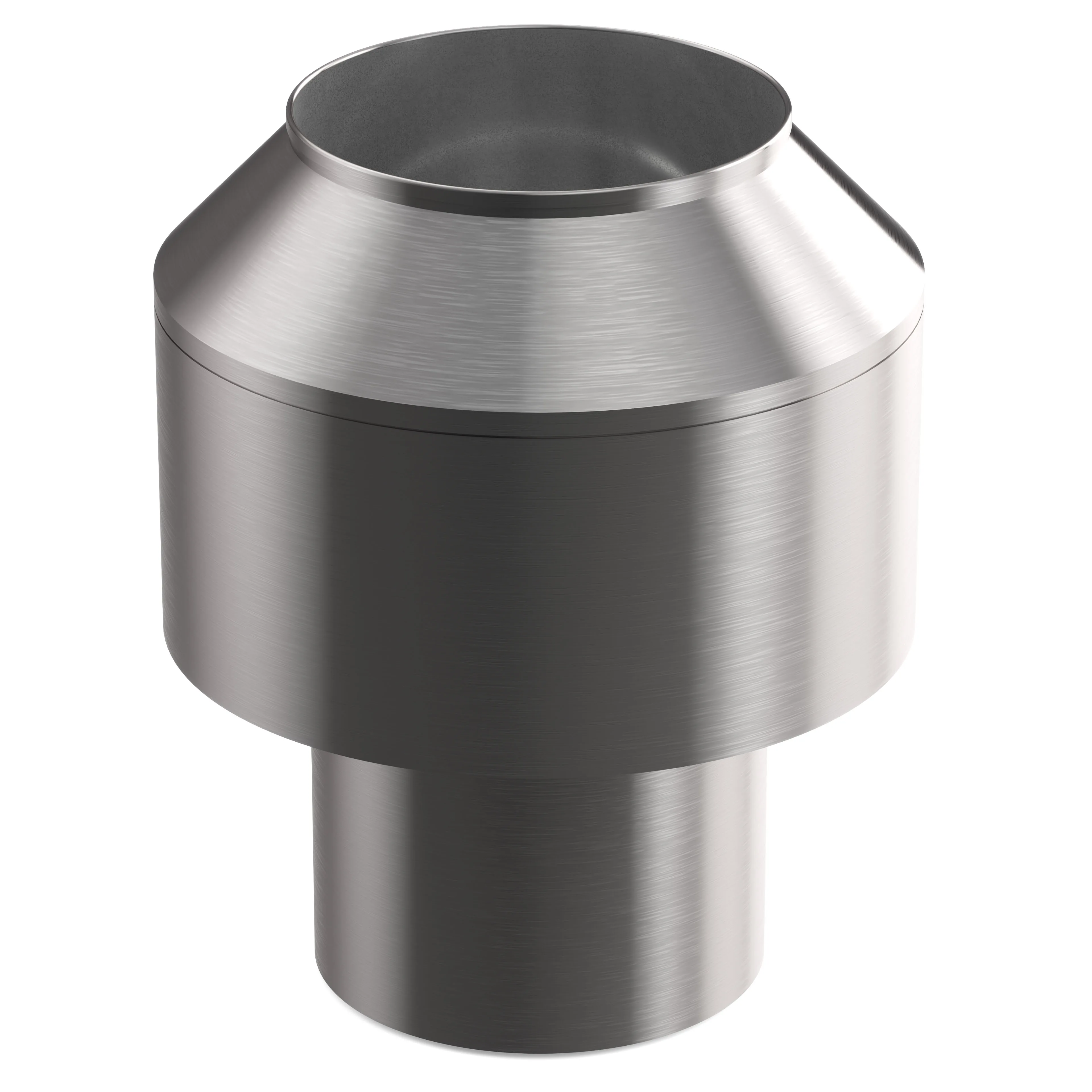 Photorealistic CGI of a brushed stainless-steel cylindrical connector with a stepped body and a flared open-top funnel, shown on a white background with subtle studio lighting highlights.