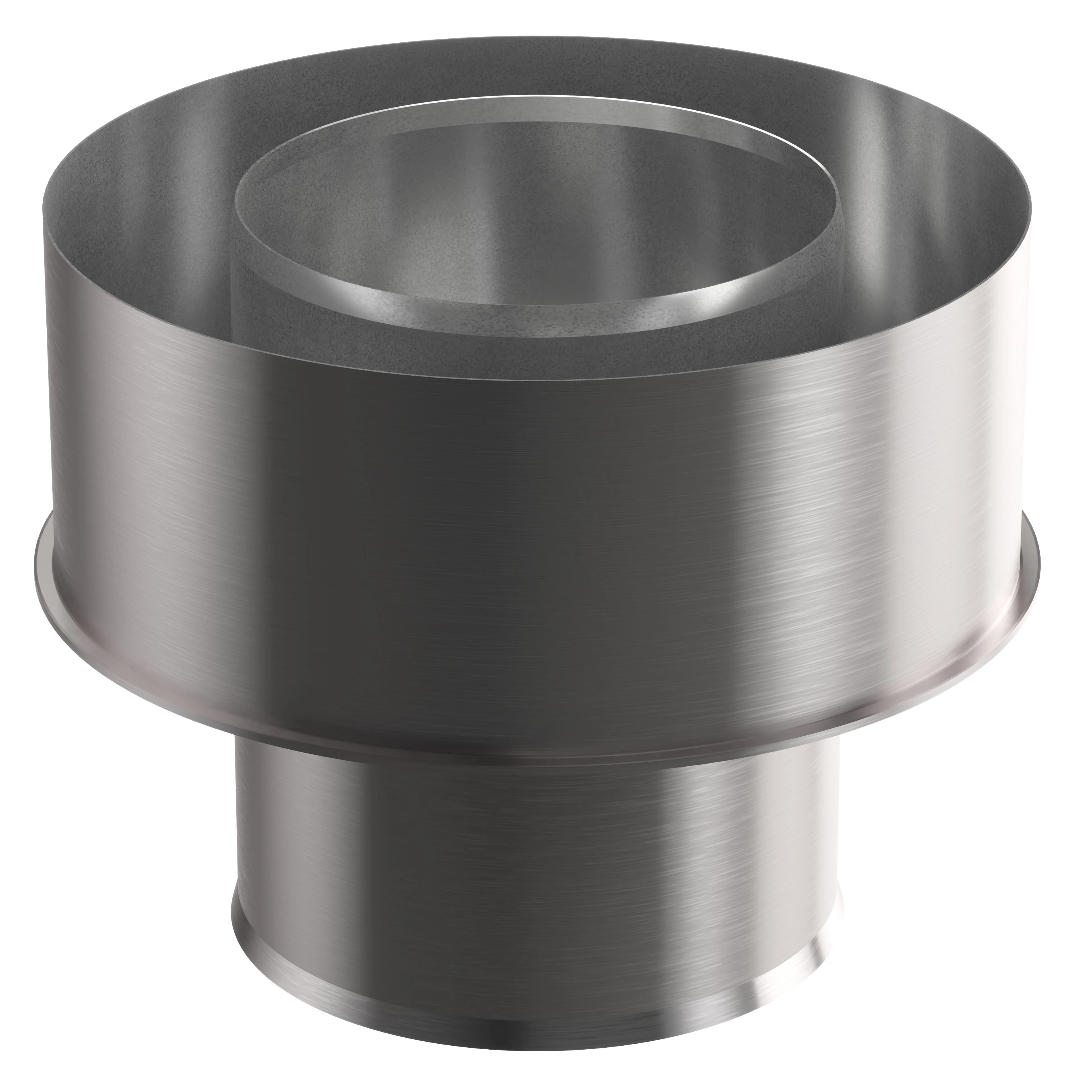 Photorealistic CGI of a brushed stainless-steel pipe adapter featuring concentric cylindrical sections with an inner collar and a flanged rim, shown against a white background with studio lighting reflections.