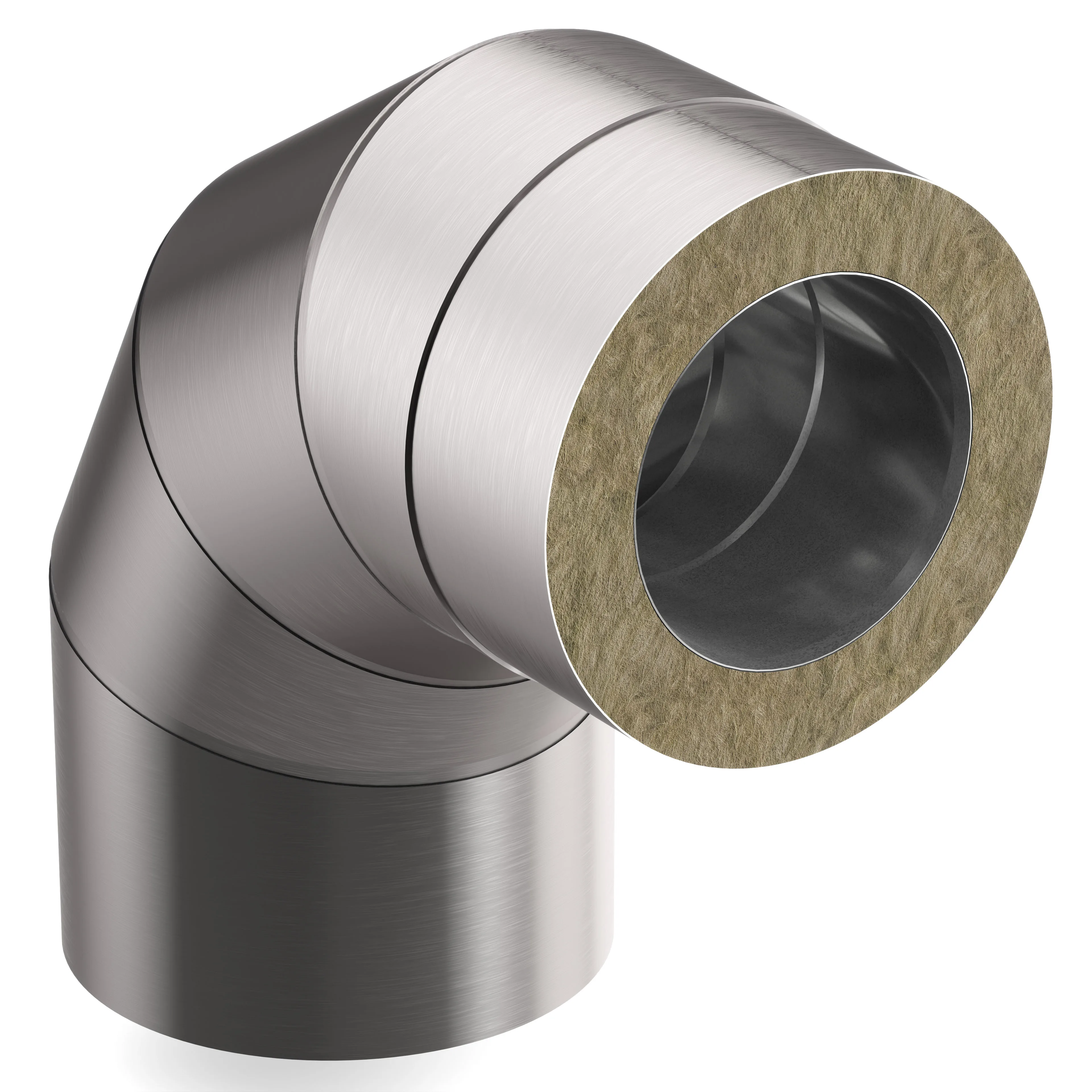 Photorealistic CGI of a brushed stainless-steel 90-degree duct elbow on a white background with a cutaway cross-section exposing a smooth gray inner liner and a thick brownish fibrous insulation layer.