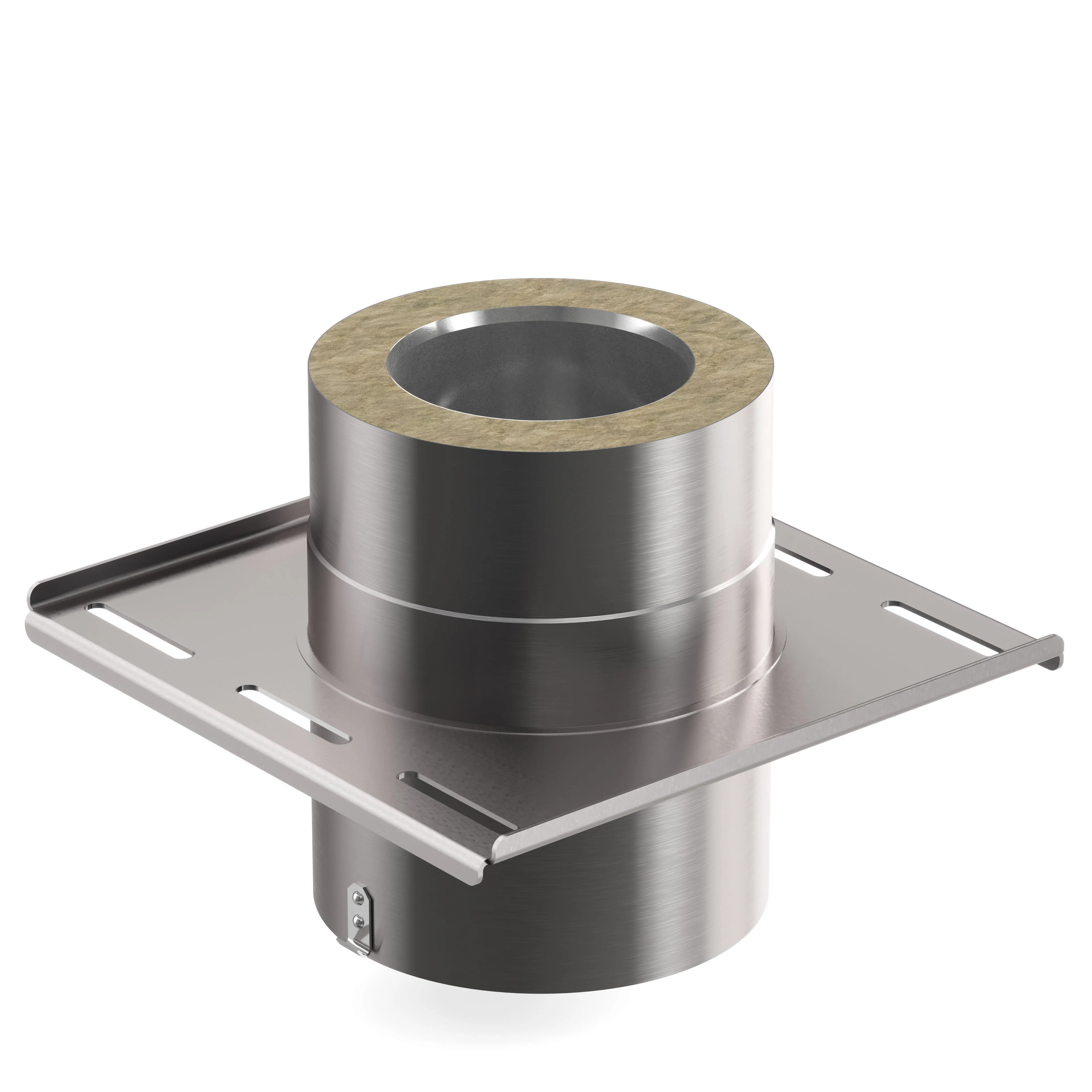 Photorealistic 3D rendering of a stainless-steel cylindrical duct adapter with a square mounting flange and a visible beige insulating ring at the top on a white background.