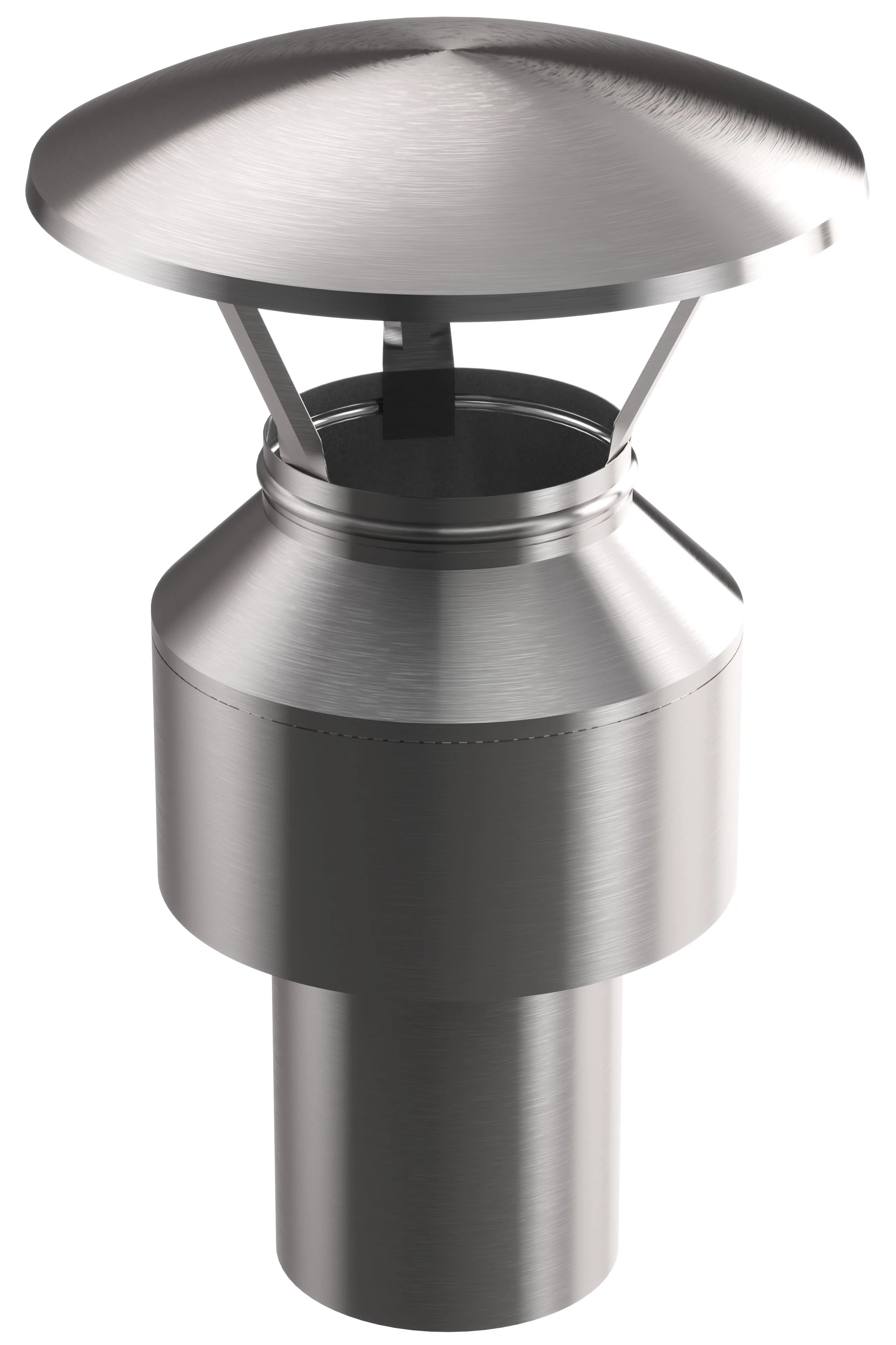 Photorealistic 3D rendering of a brushed stainless-steel chimney/vent cap with a domed mushroom top supported by three angled struts over a cylindrical base, shown on a white background with studio lighting.