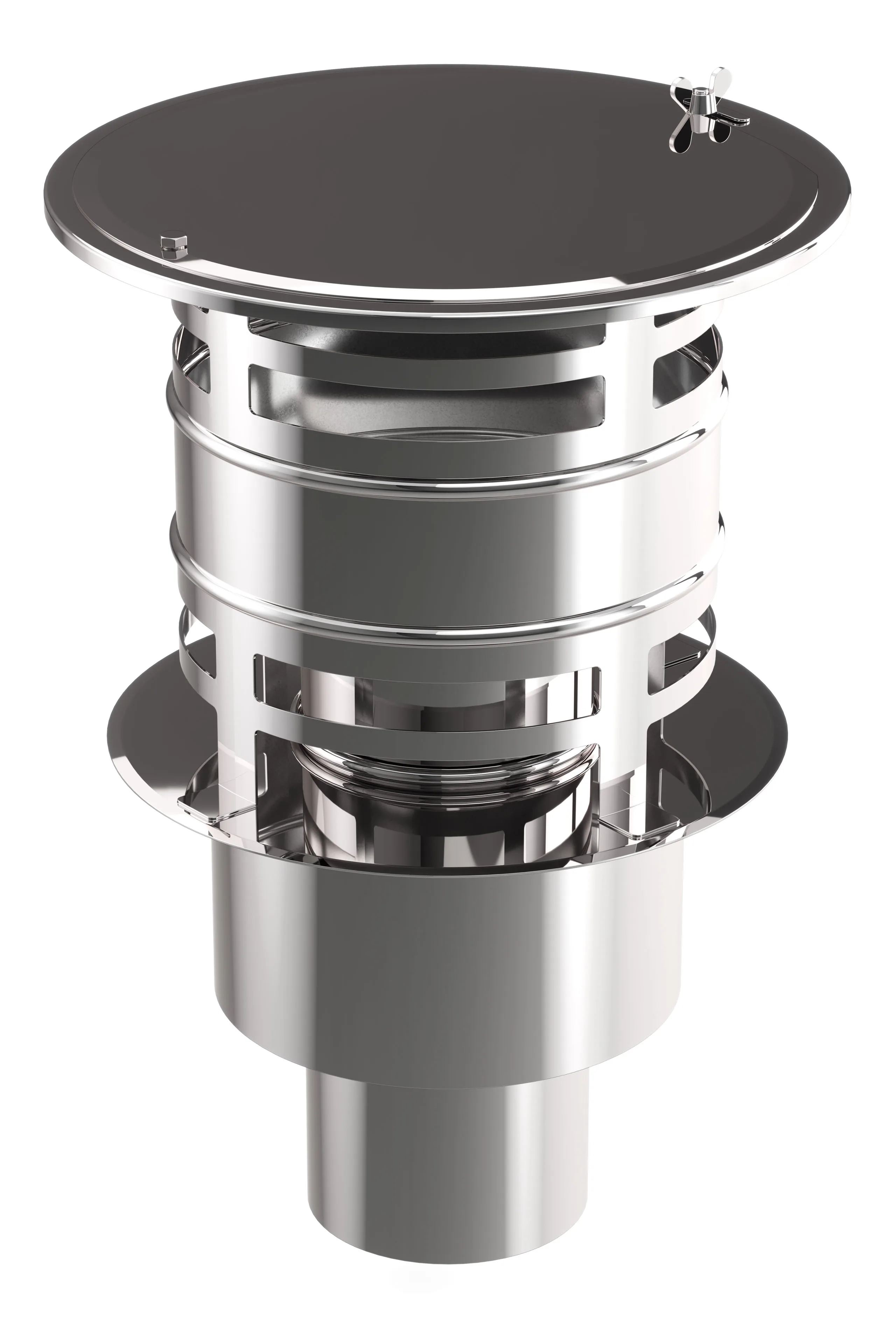 Photorealistic CGI rendering of a polished stainless-steel vent/chimney terminal with a round flat cap (featuring a small winged screw), a slotted cylindrical body with horizontal bands, a mounting flange and a short outlet pipe, shown on a white background.
