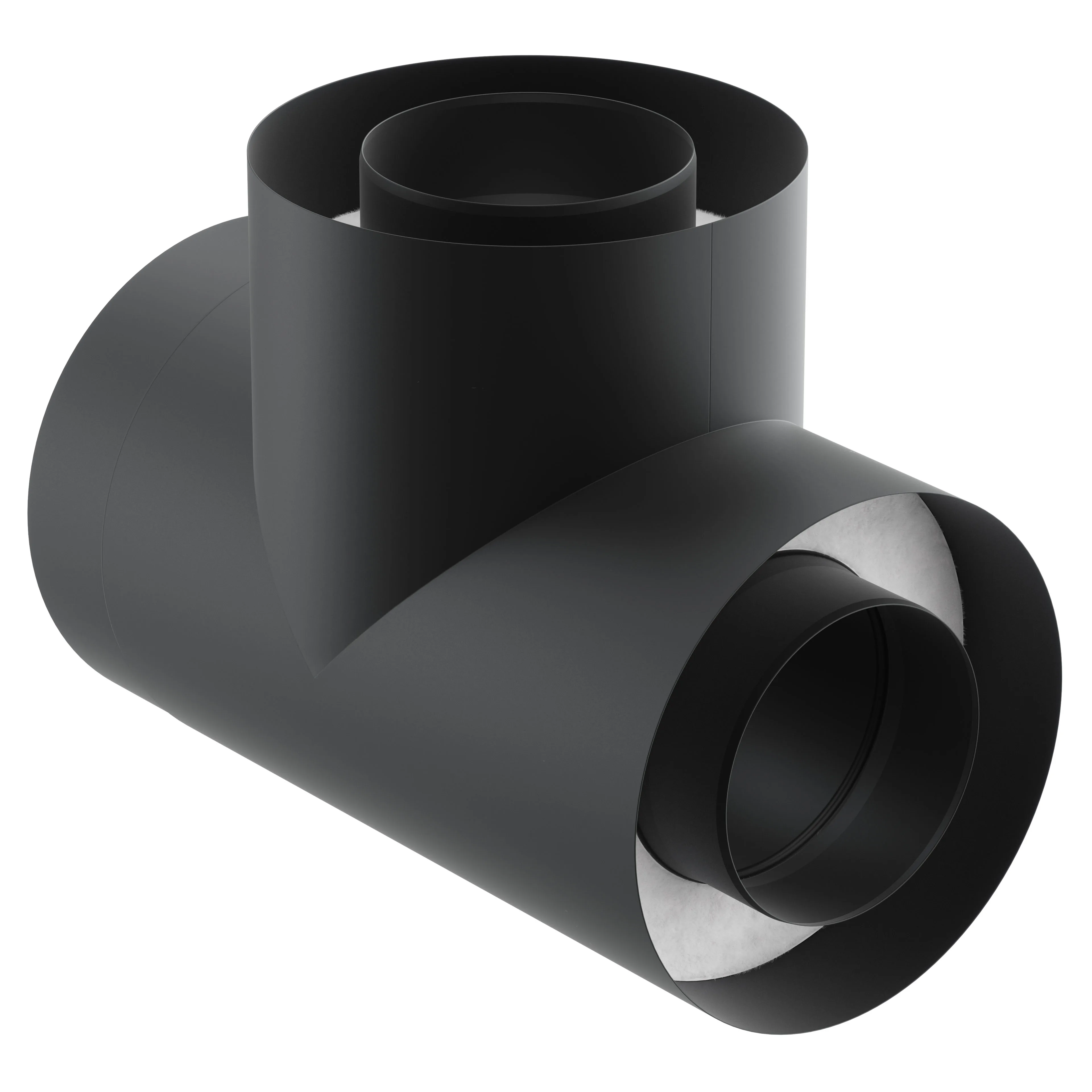 Photorealistic 3D rendering of a matte black T-shaped cylindrical duct connector with visible white inner insulation at the open end, shown on a clean white background with studio lighting.