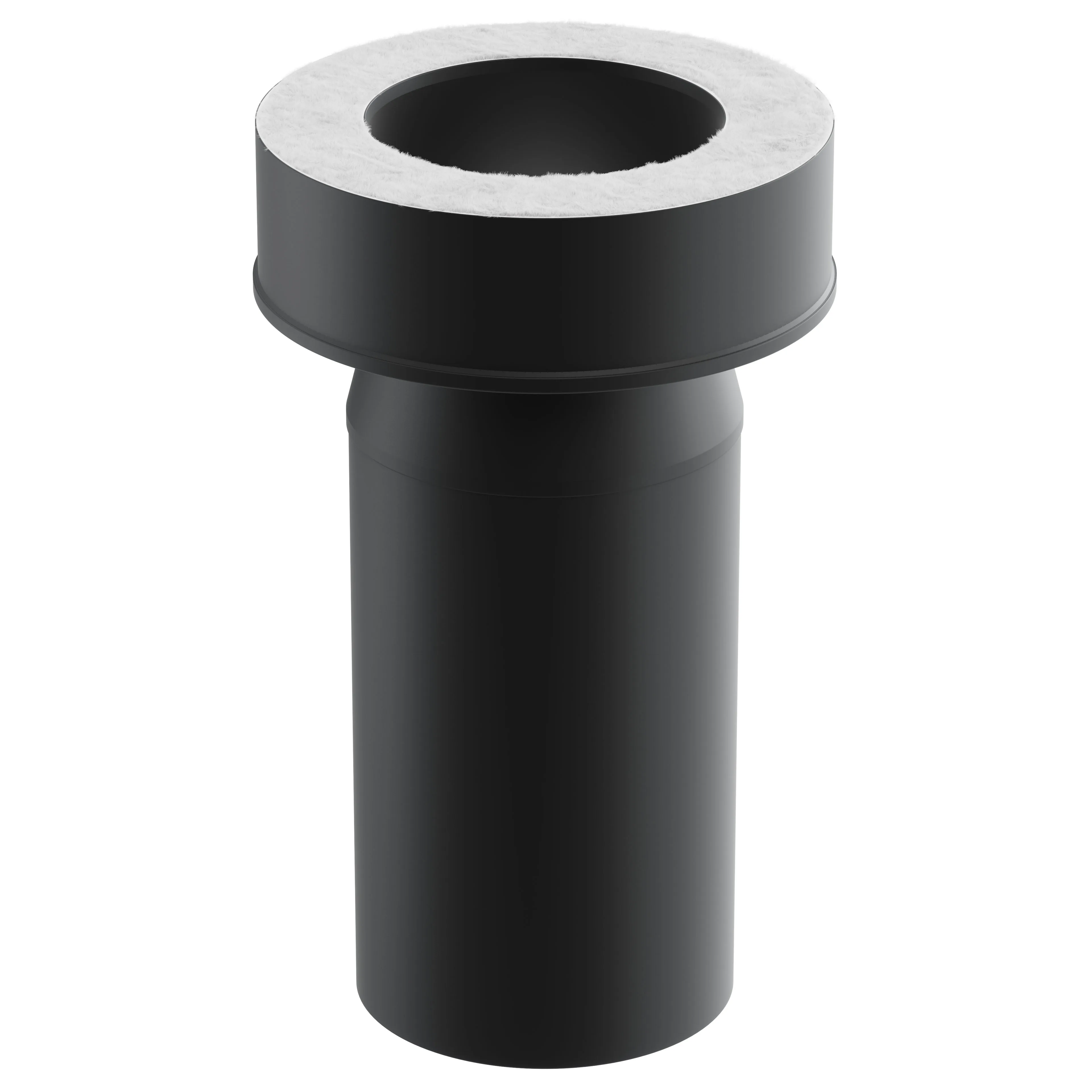Photorealistic 3D rendering of a matte black cylindrical pipe adapter with a wider top collar and a central circular opening revealing white fibrous insulation around the rim on a white background.