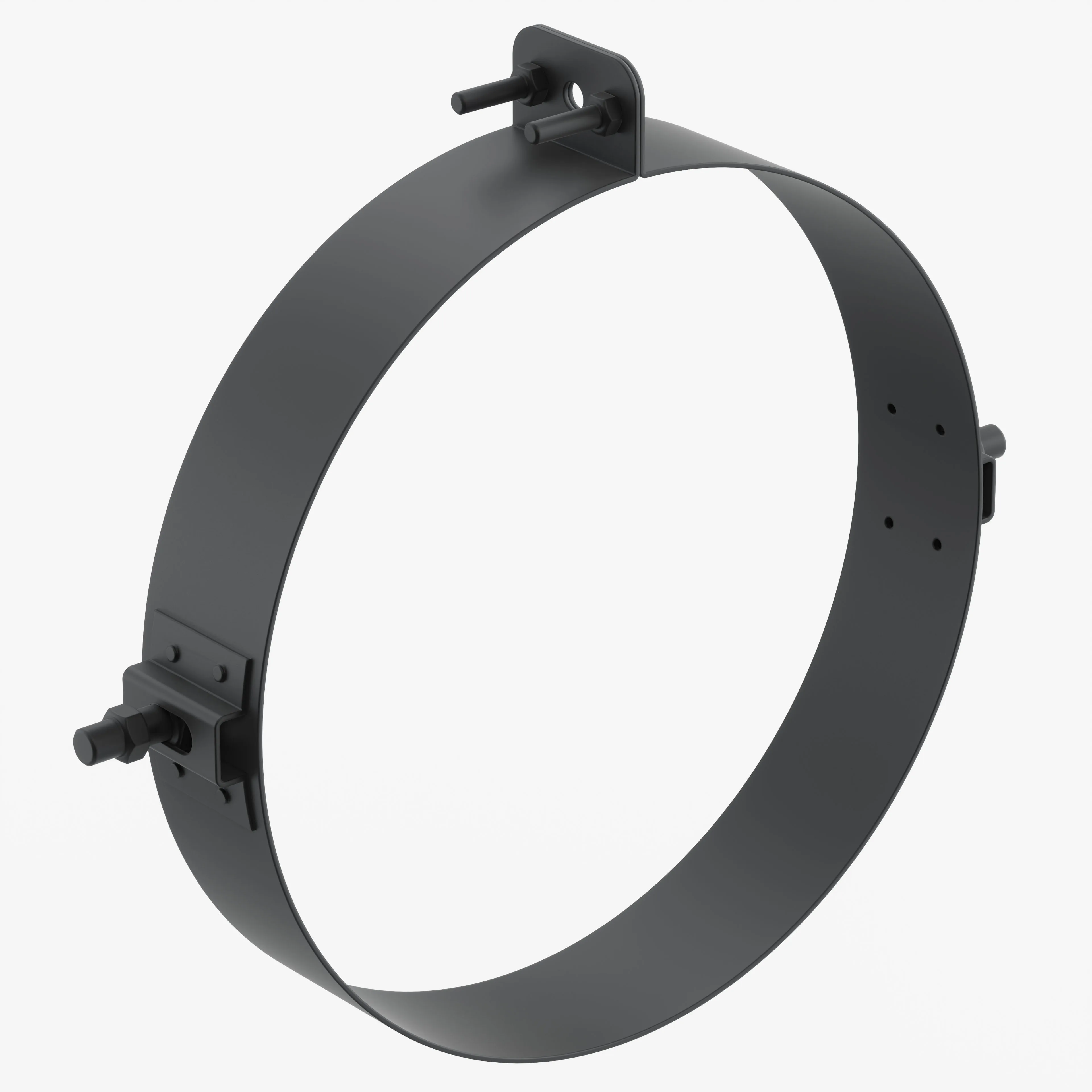 Photorealistic 3D rendering of a dark gray metal circular clamp with a wide band and three mounting brackets featuring protruding adjustment bolts, shown on a white background.