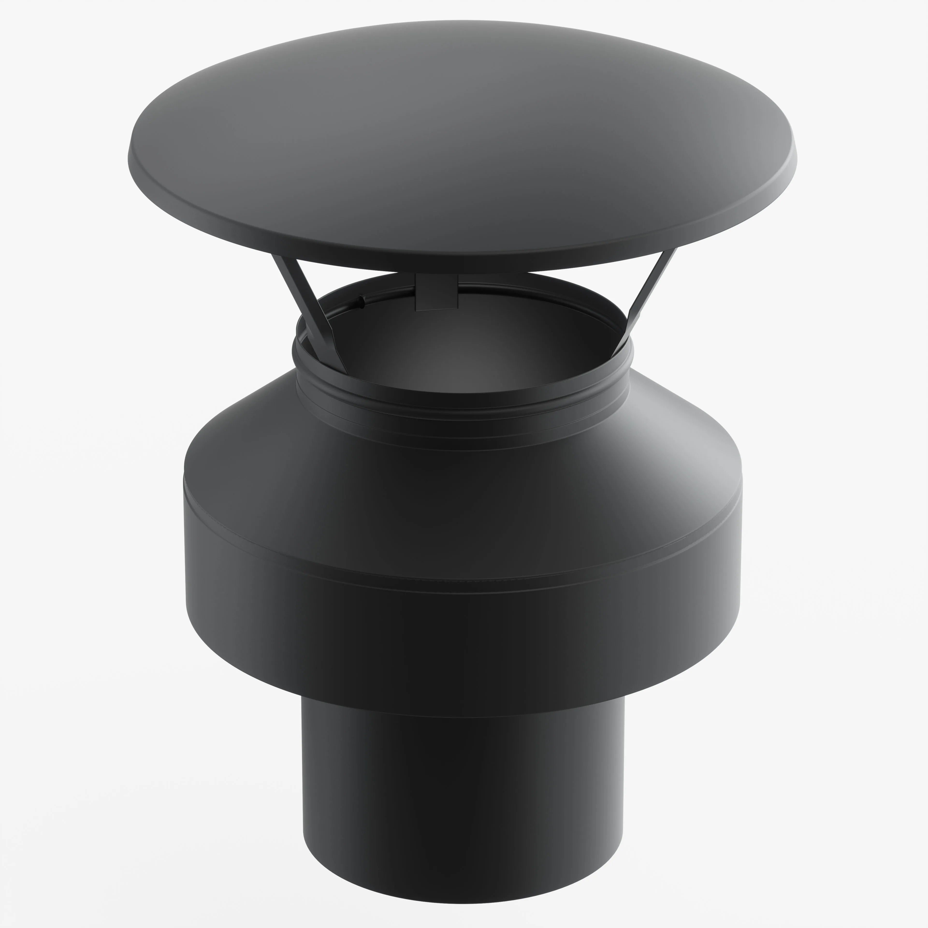 Photorealistic black metal chimney cap with a wide flat circular top held by three angled supports above an open cylindrical neck and stepped round base, shown on a white background.
